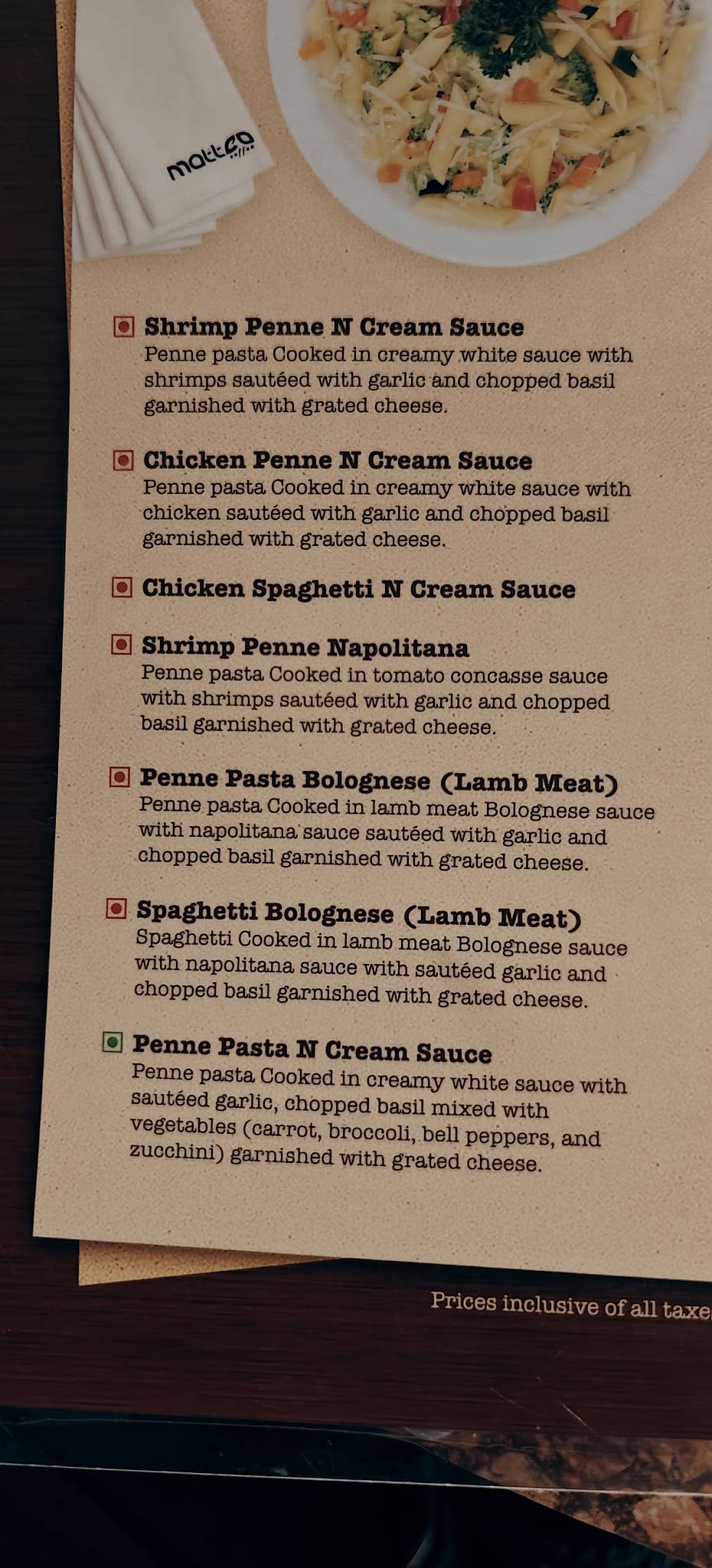 Matteo Coffea menu