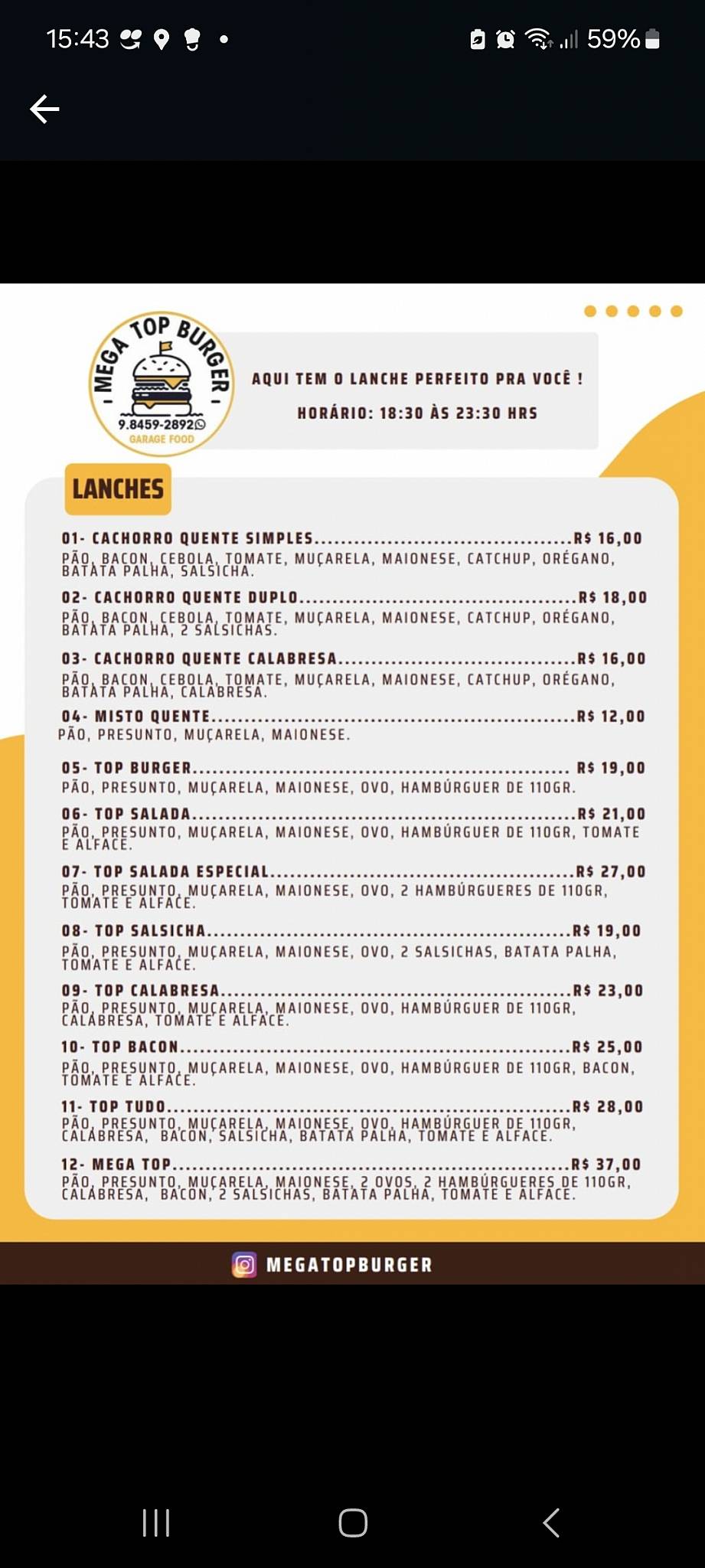 Mega Top Burger cardápio