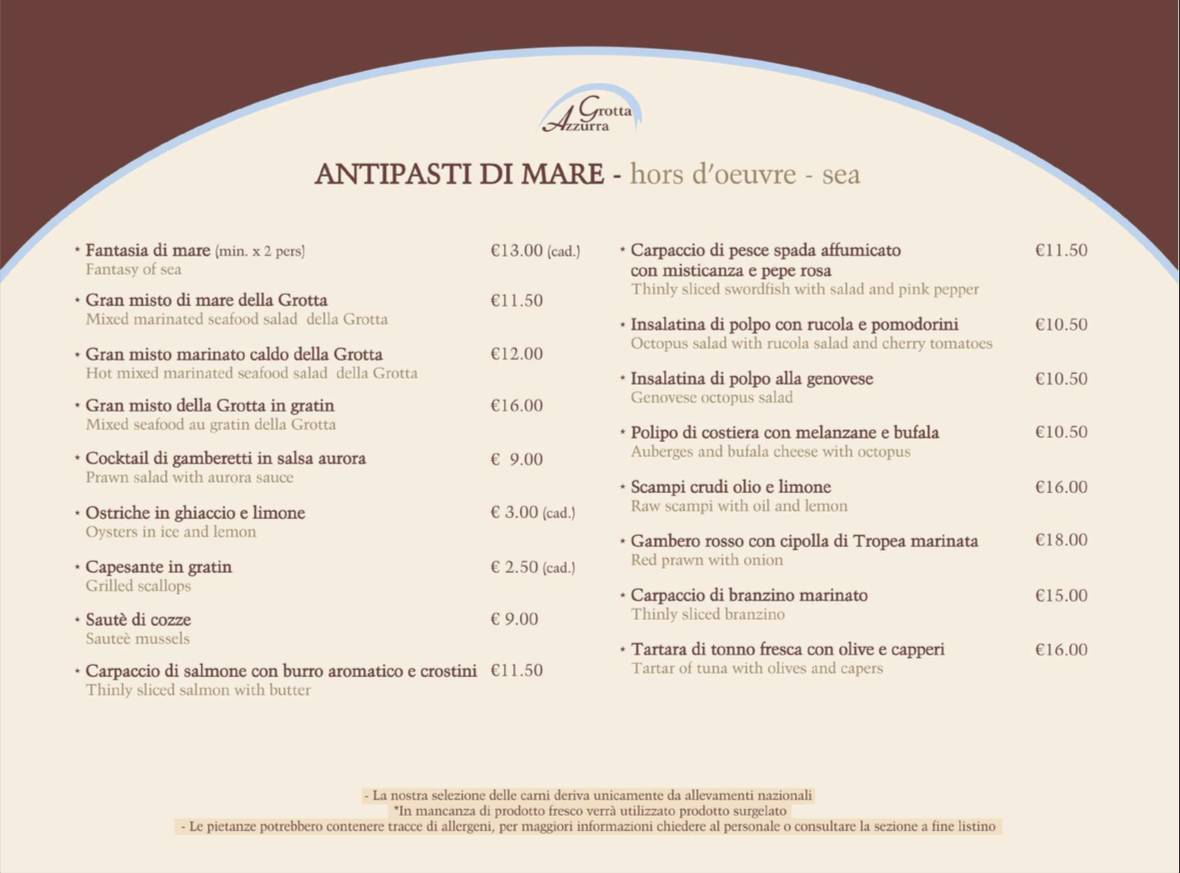 Menu di Pizzeria Grotta Azzurra 