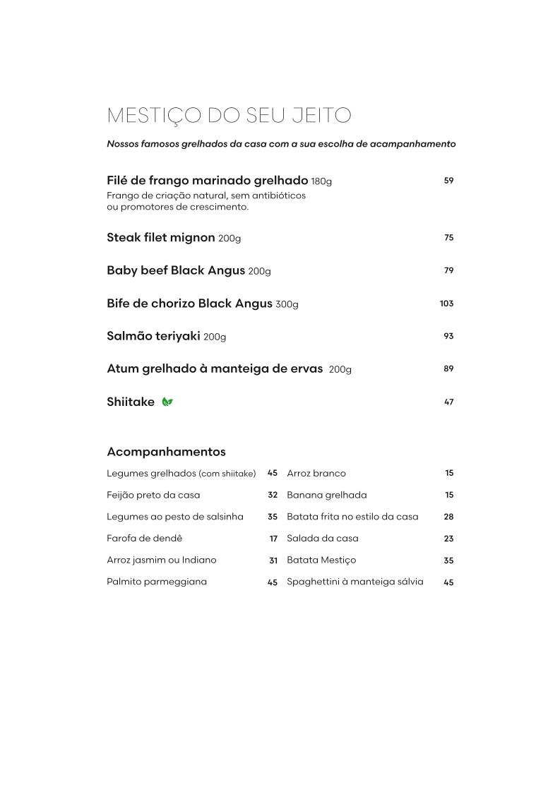 Restaurante Mestiço cardápio