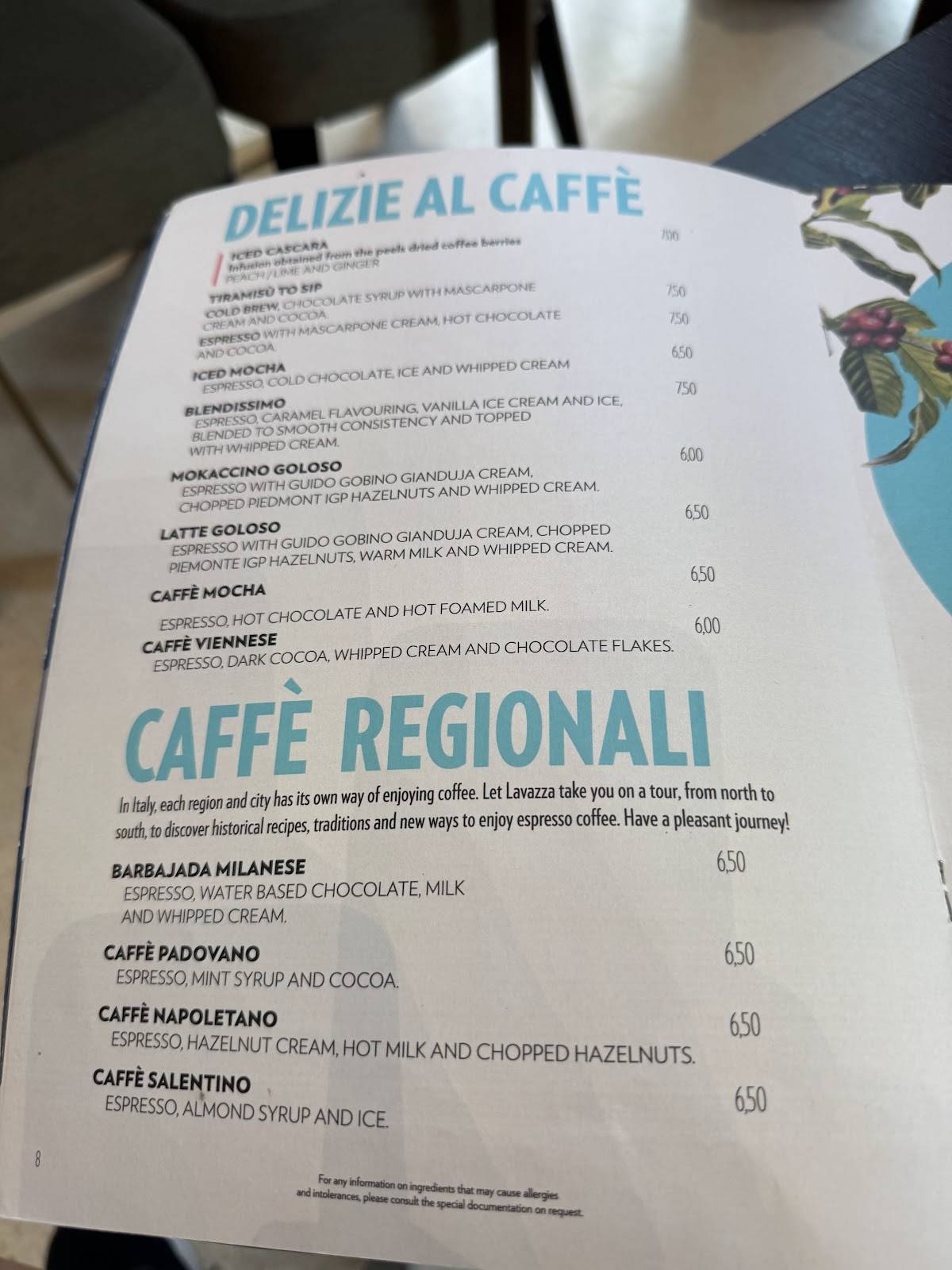 Menu di Flagship Store Lavazza - Milano 