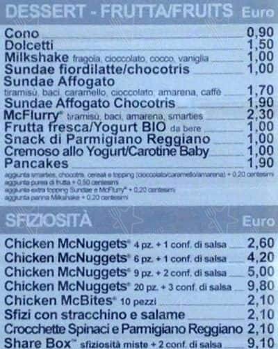 Menu di McDonald's Milano Sabotino 