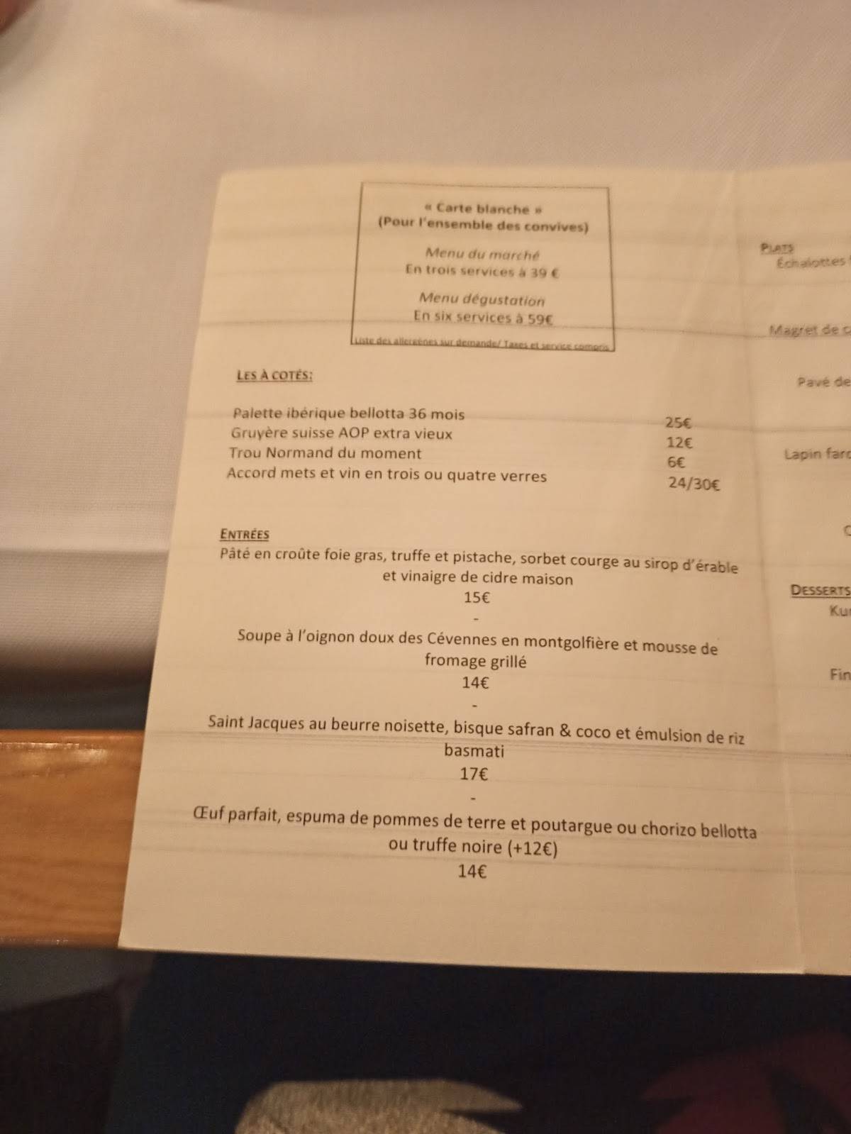 Menu de Milord