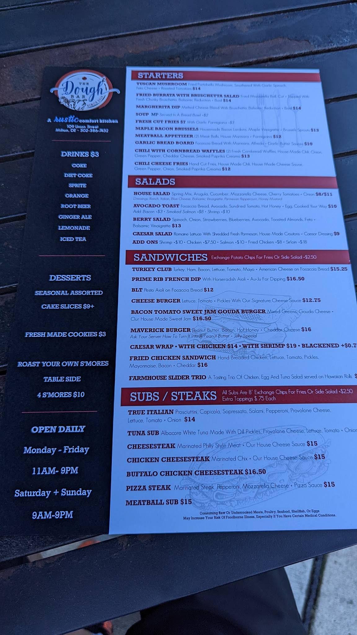 Menu at Milton Dough Bar, Milton