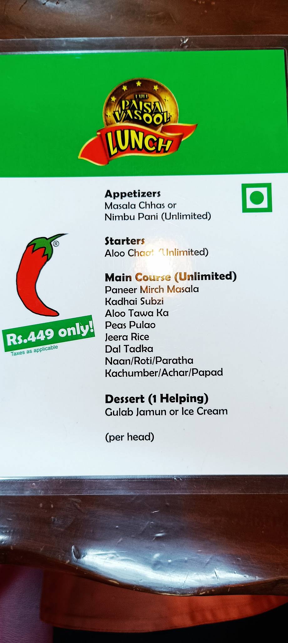 Mirch Masala, Vallabh Vidyanagar menu