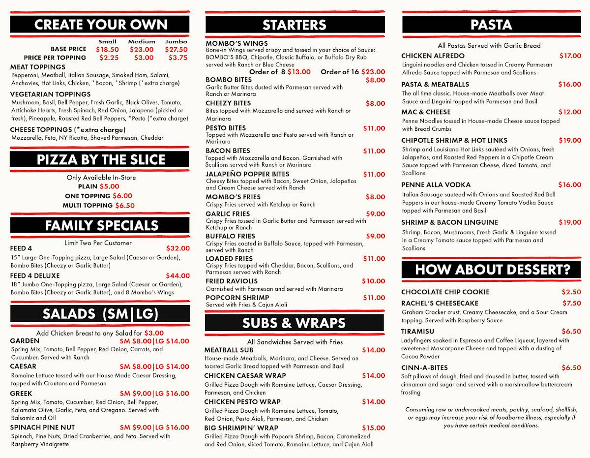 Menu at Mombo's Pizza pizzeria, Healdsburg