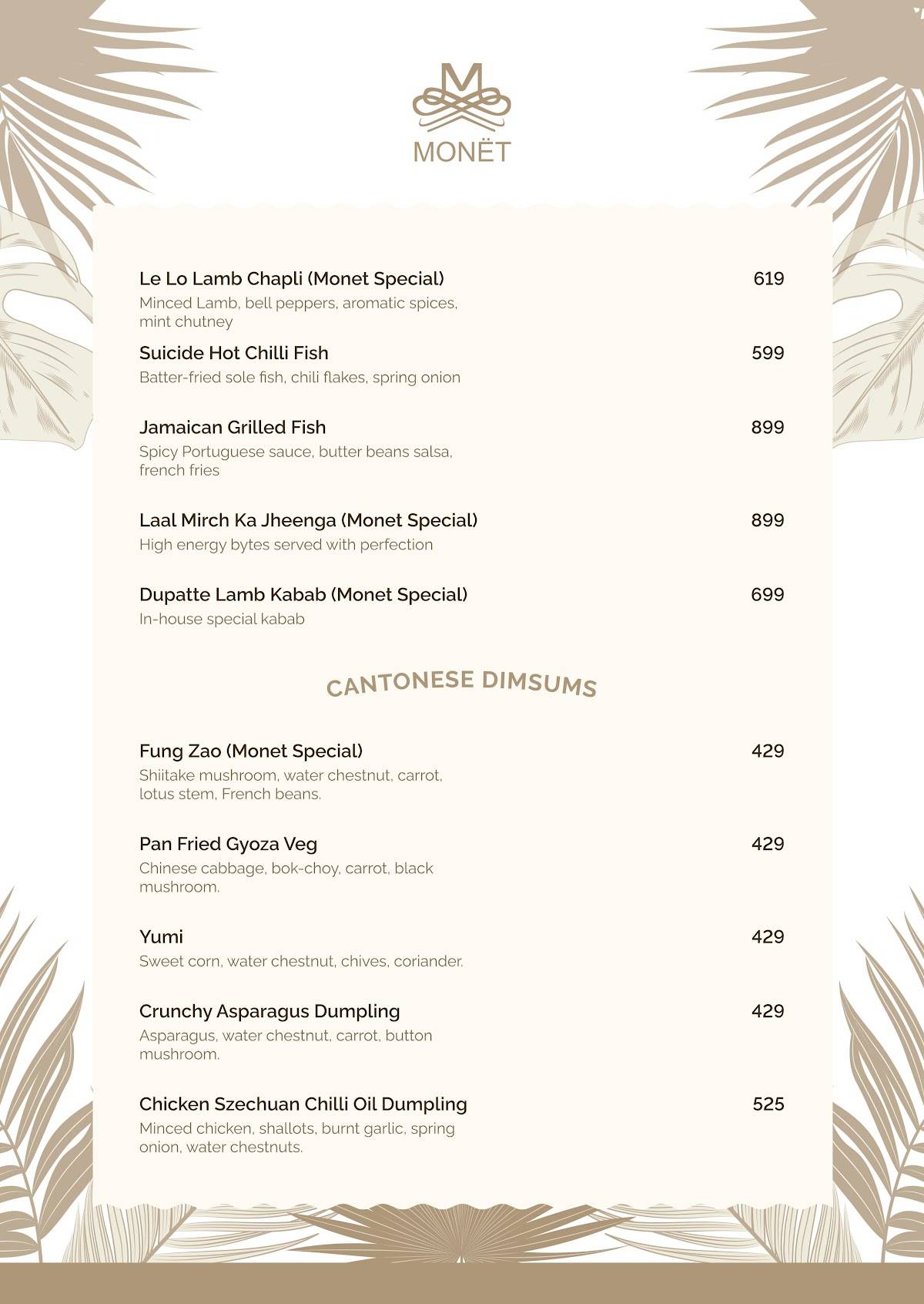 Monët menu