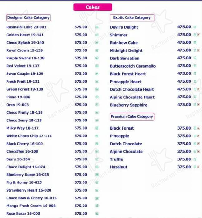 Monginis Cake Shop menu