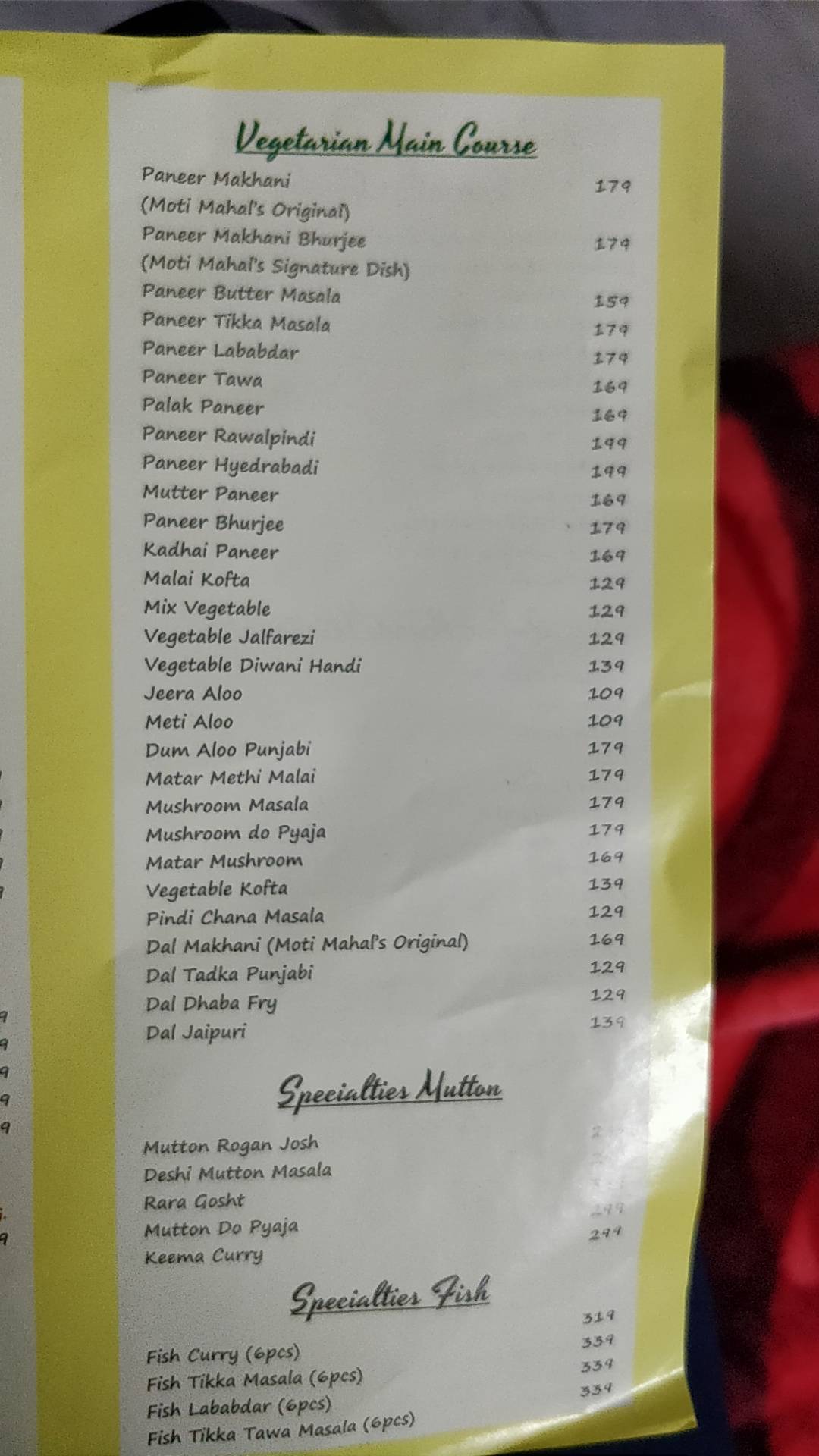 Moti Mahal menu