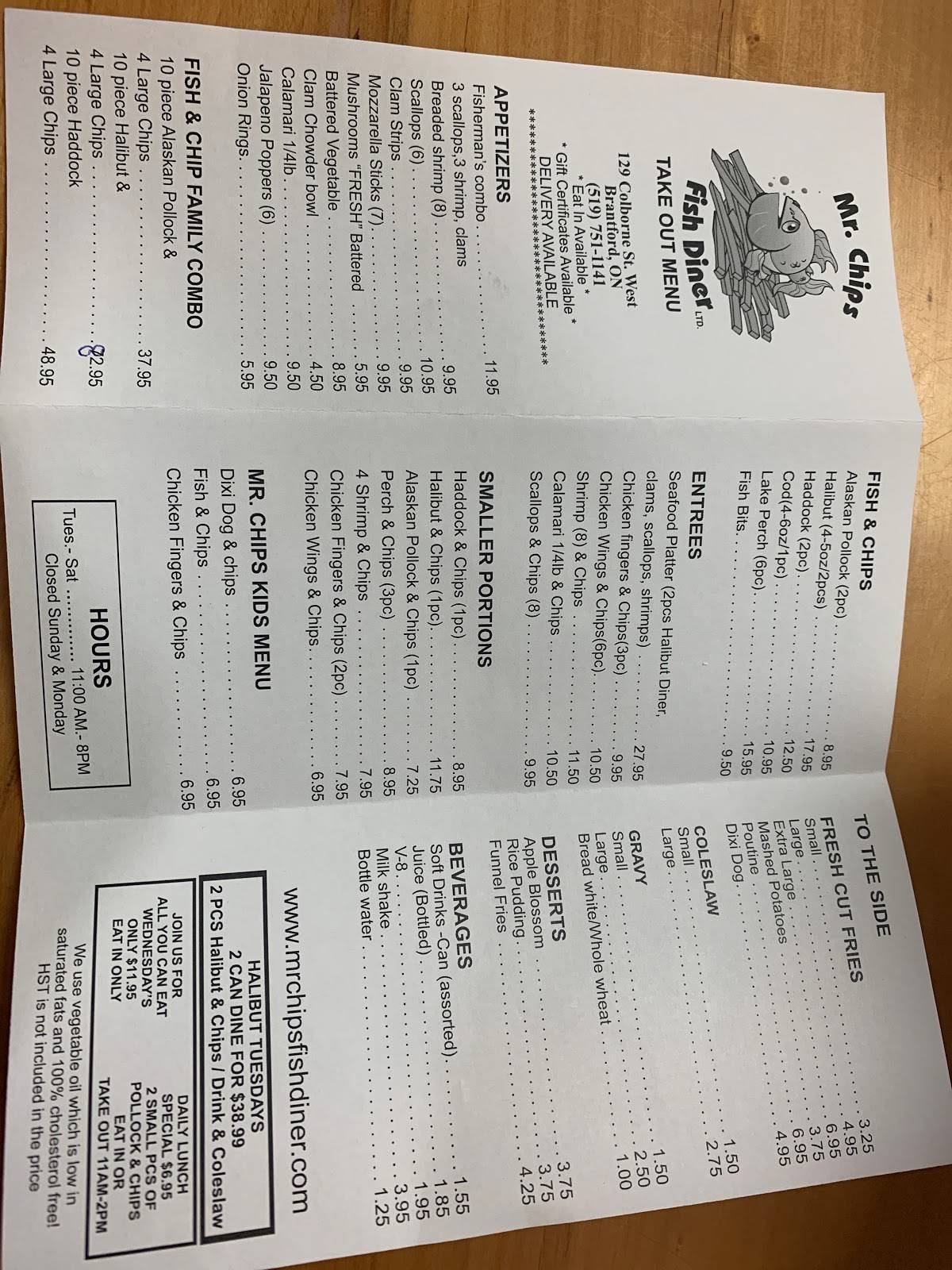 Menu at Mr Chips Fish Diner restaurant, Brantford