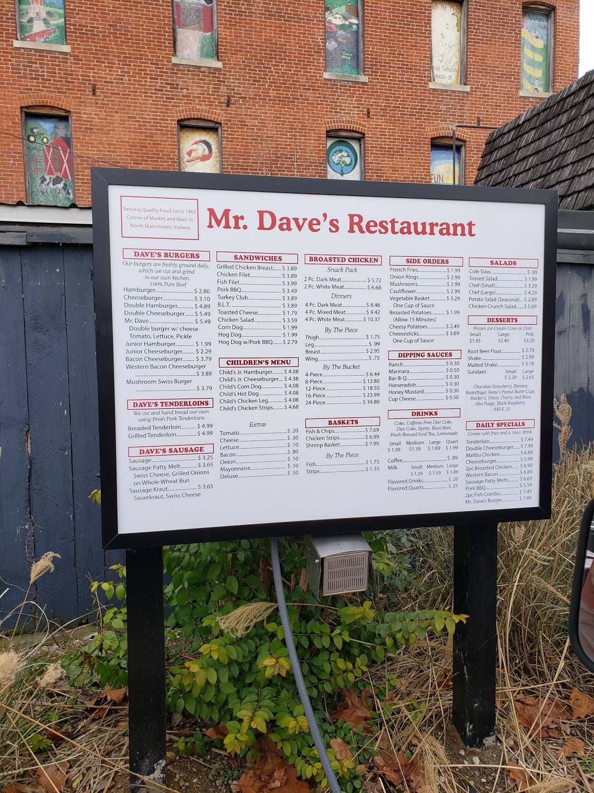 Menu at Mr. Dave's fast food, North Manchester