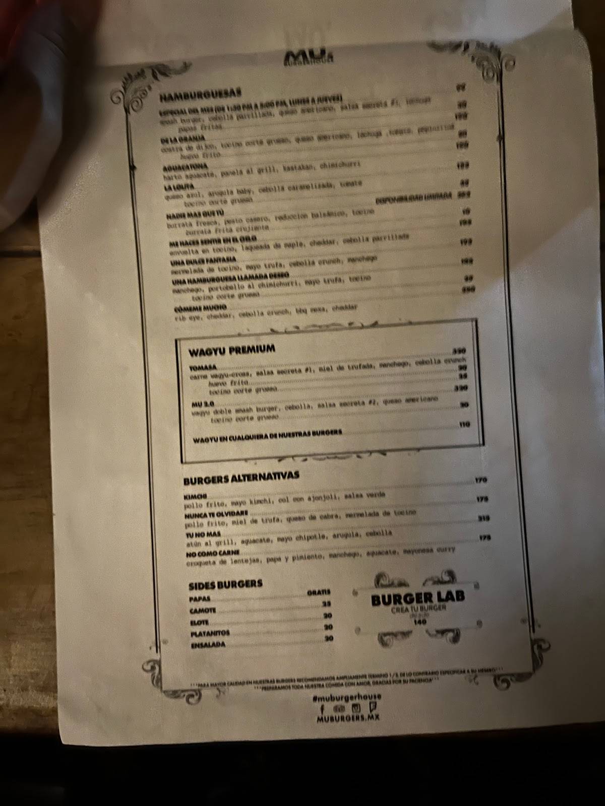 Carta Del Restaurante Mu Burgerhouse Nader Cancún