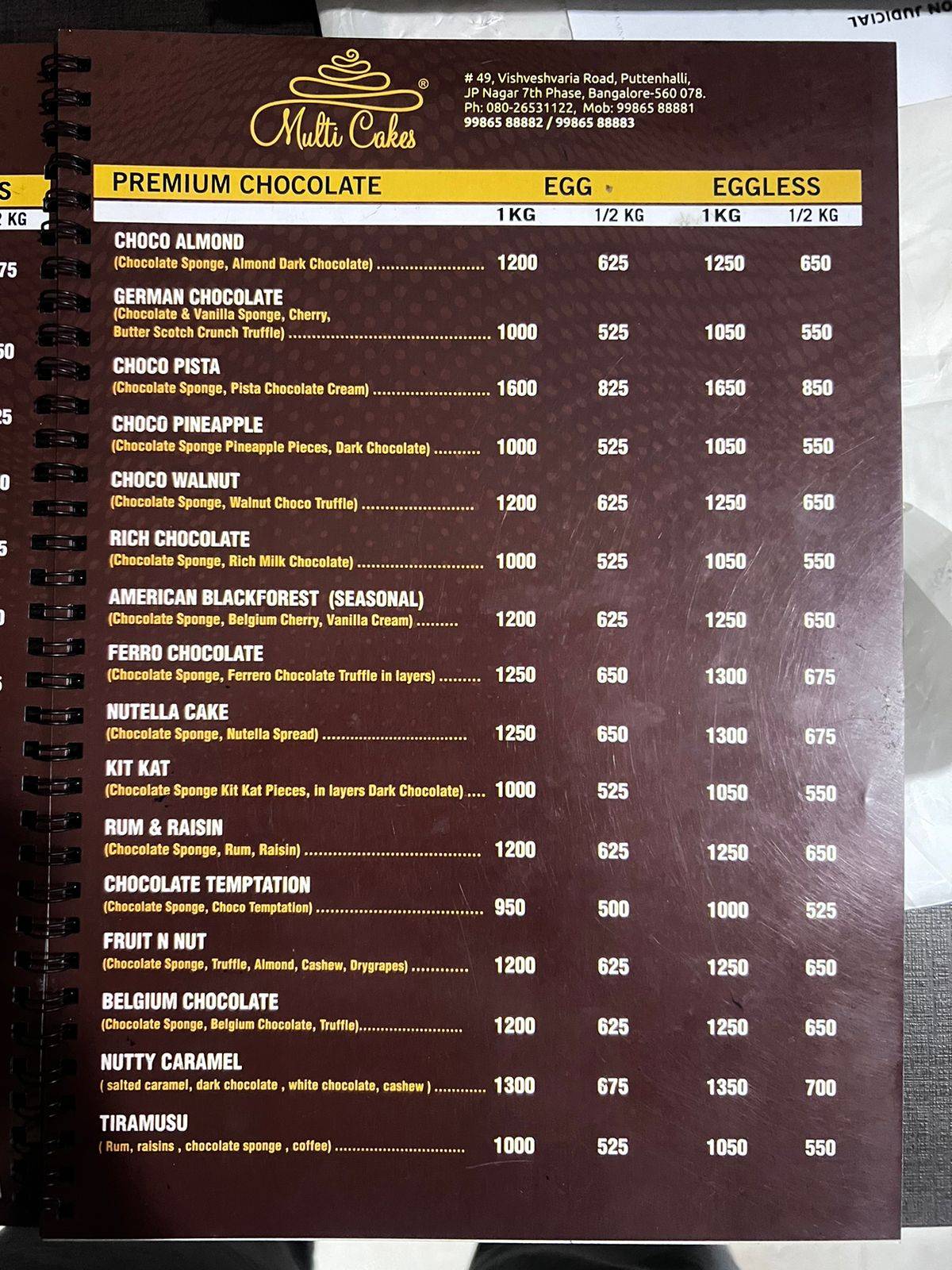Multi Cakes menu