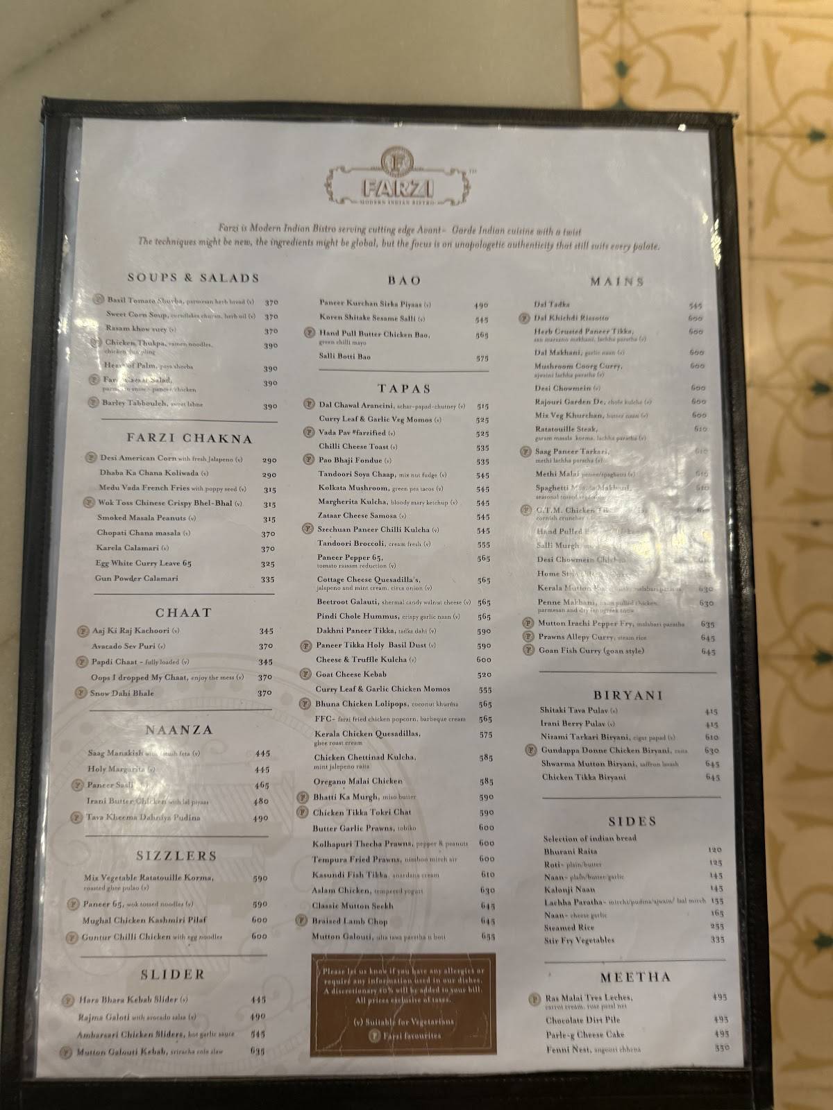 Farzi Cafe menu