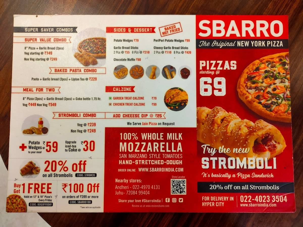 Sbarro menu