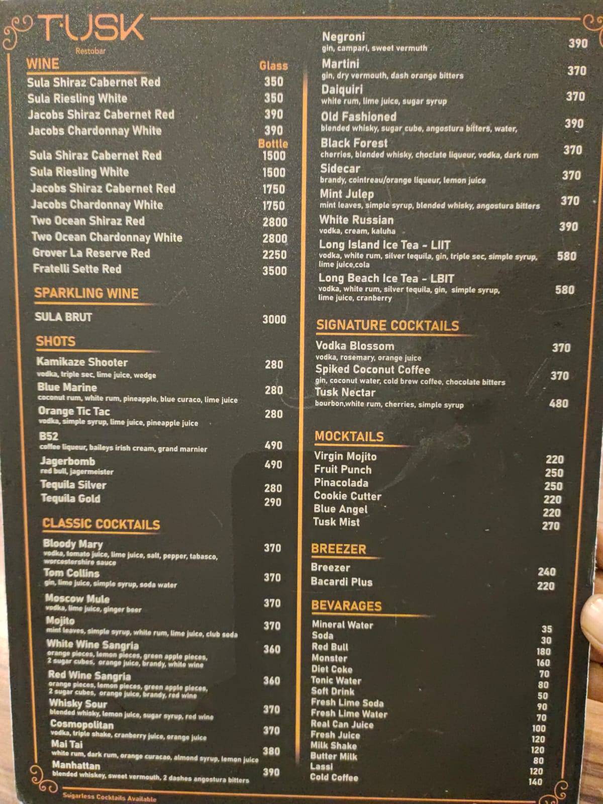 Tusk Restobar menu