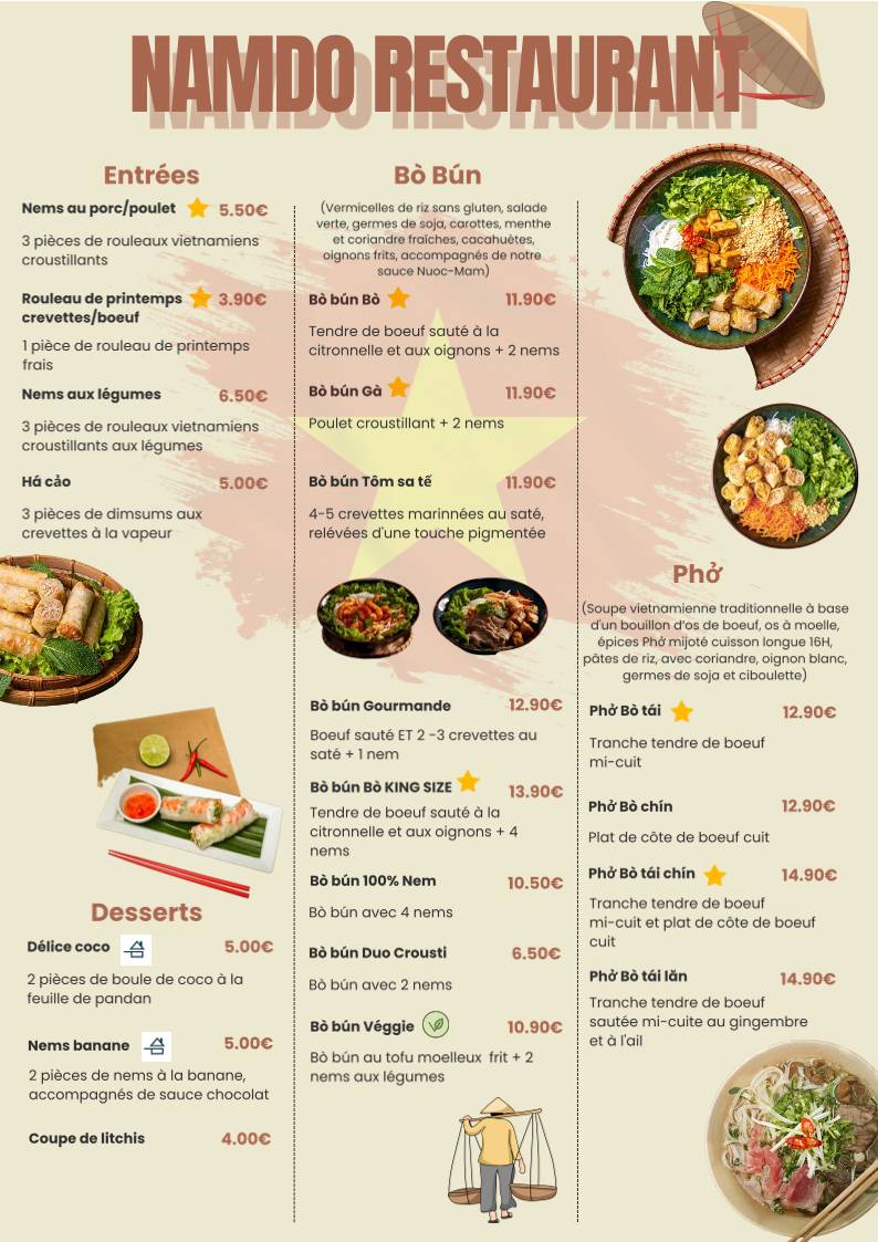 Menu de Namdo Bobun Pho du Vietnam