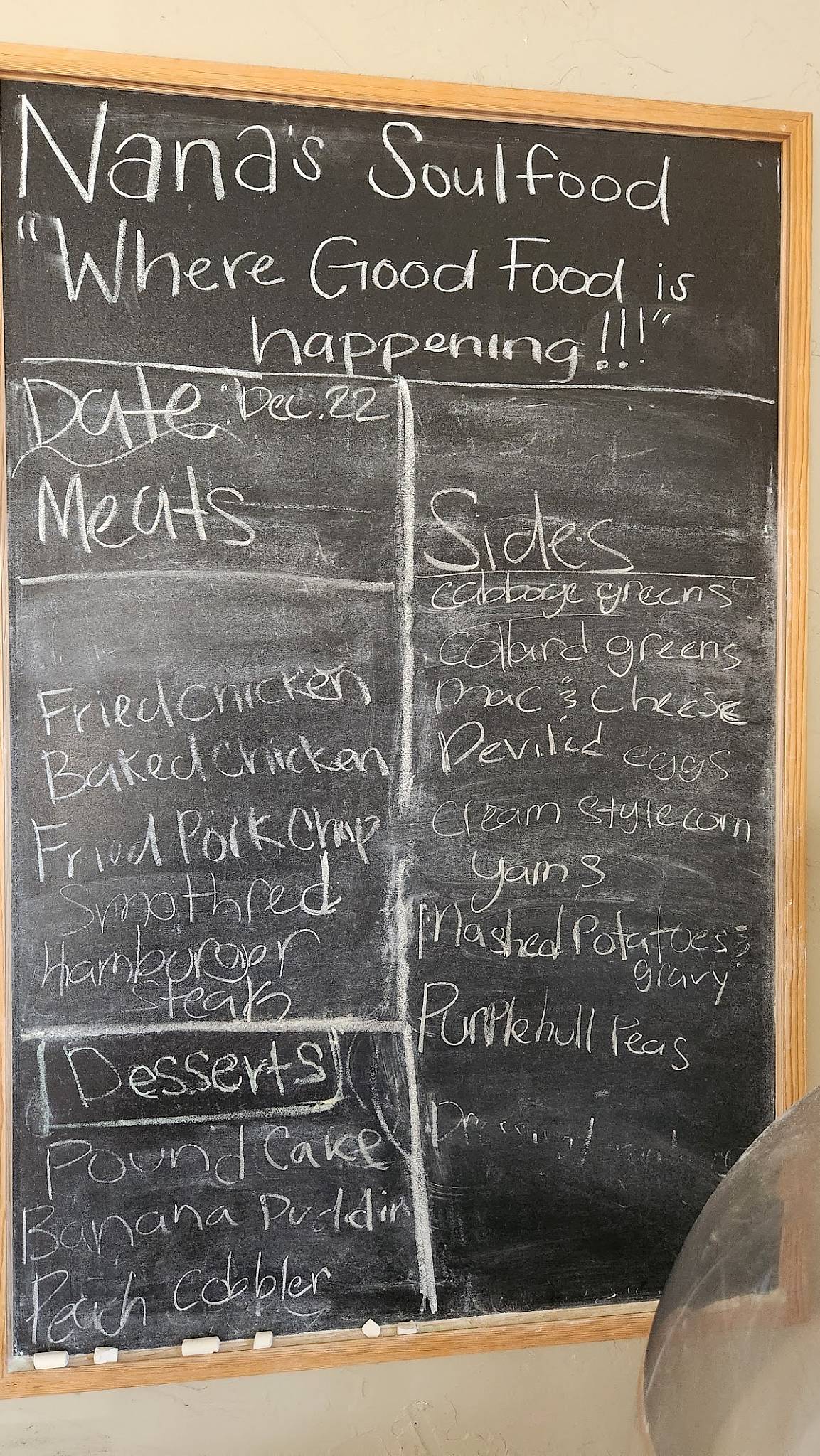Menu at Nana's Soulfood restaurant, Ruston