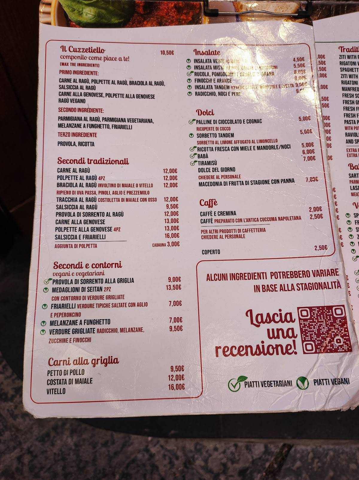 Menu di Tandem Ragù - Via Paladino 