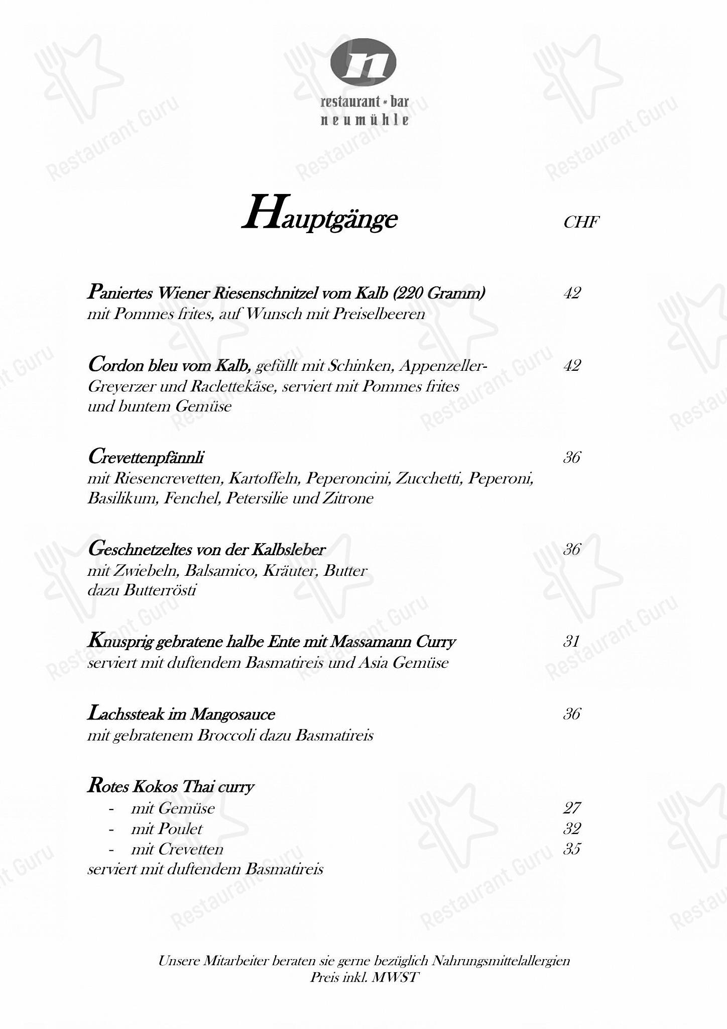 Neumühle in Baar - Carte menu