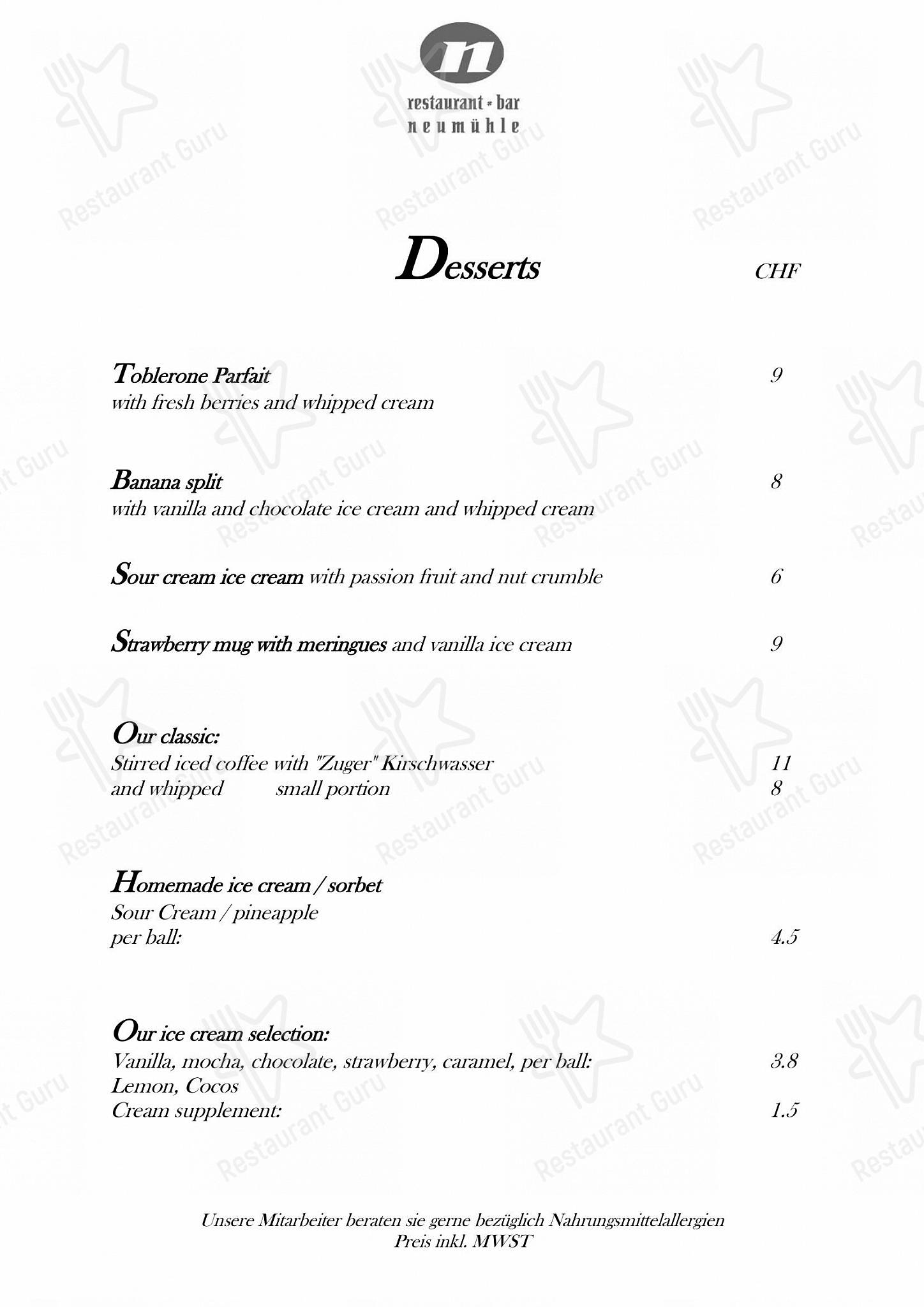 Carte menu per Neumühle pub & bar