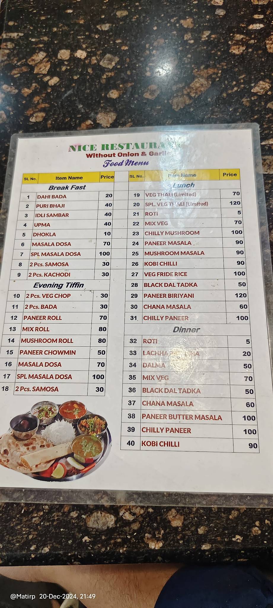 Nice Restaurant menu