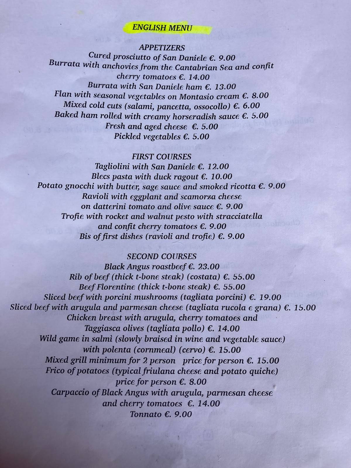 Menu di Trattoria “Alle Valanghe” 