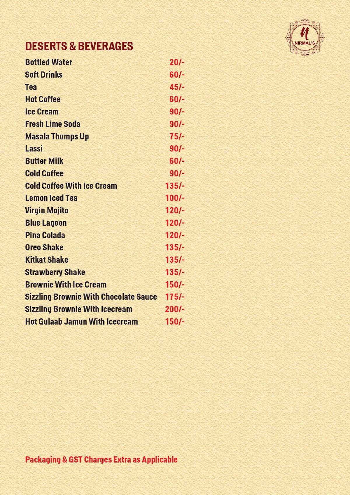 Nirmal Food Plaza menu