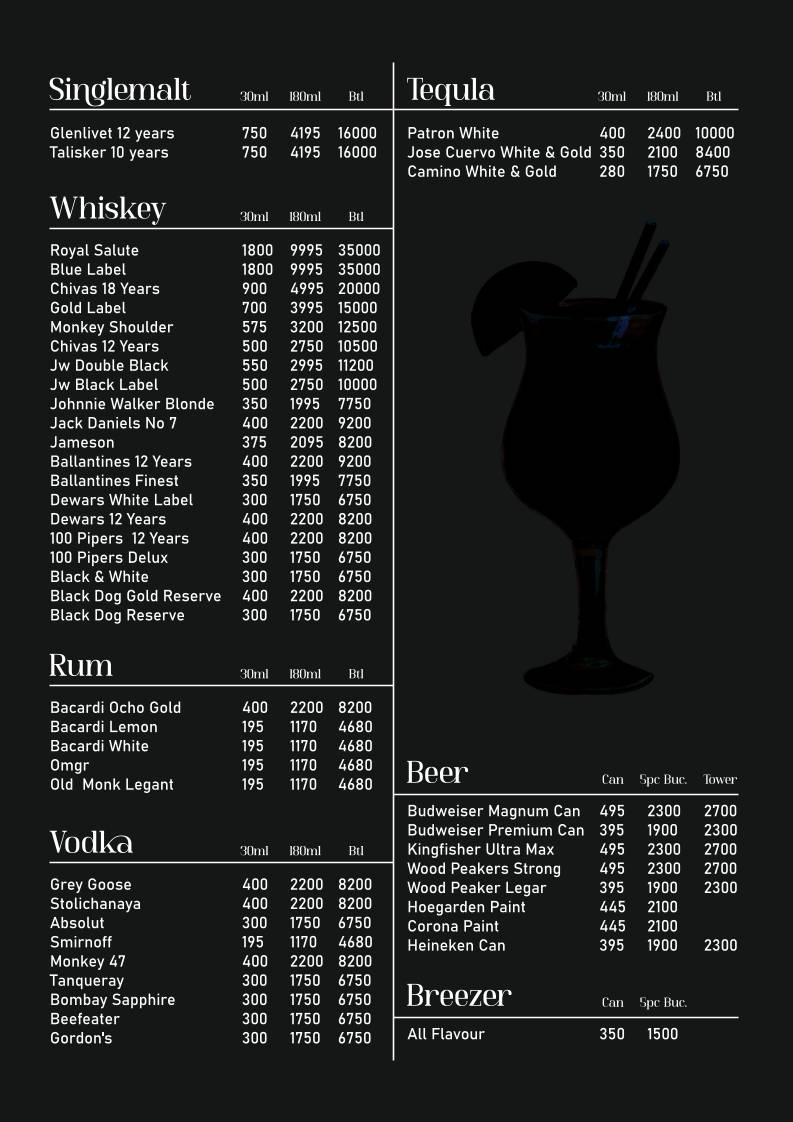 No limit club and sky lounge menu