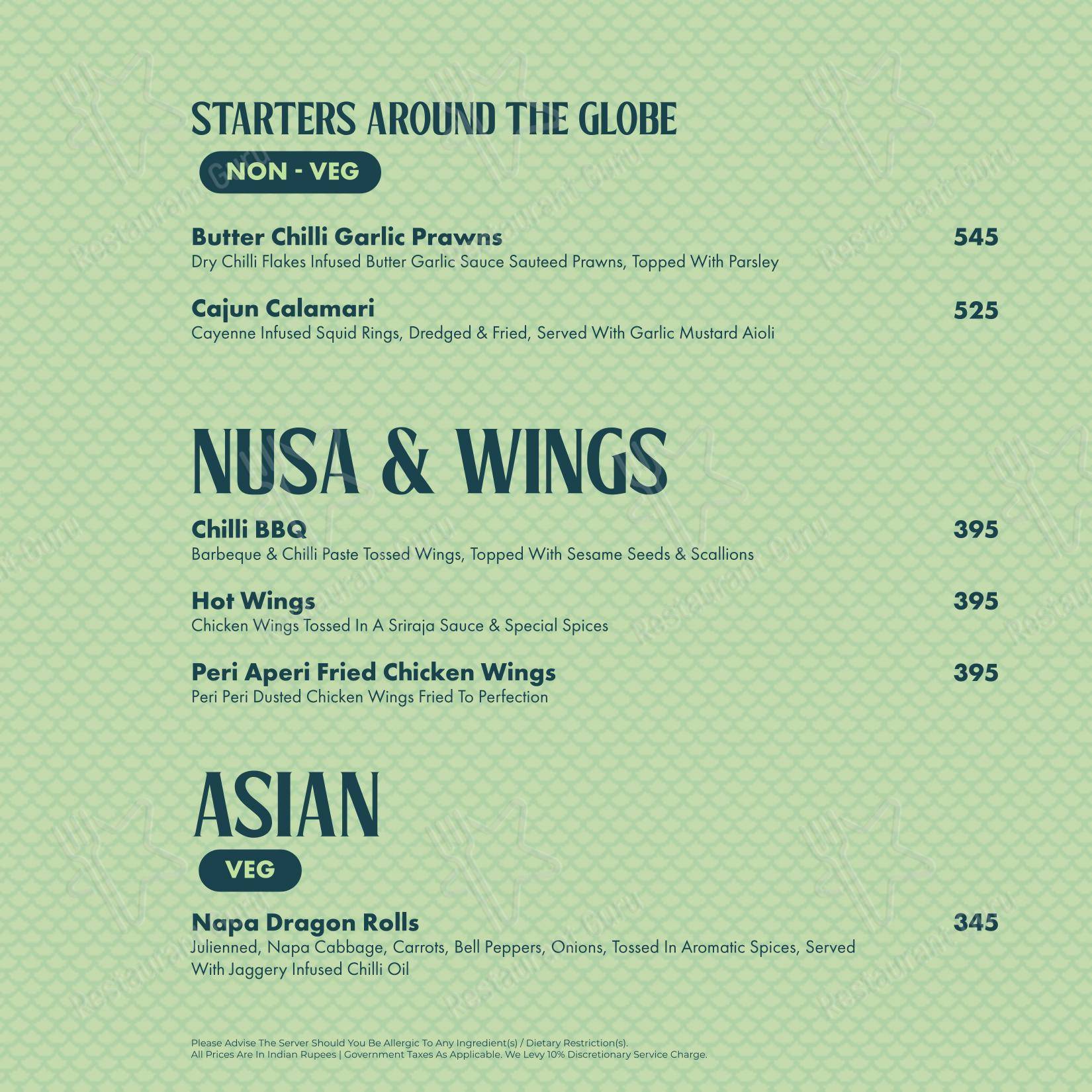 Menu bar for the Nusa - Tropical Brewvilla restaurant