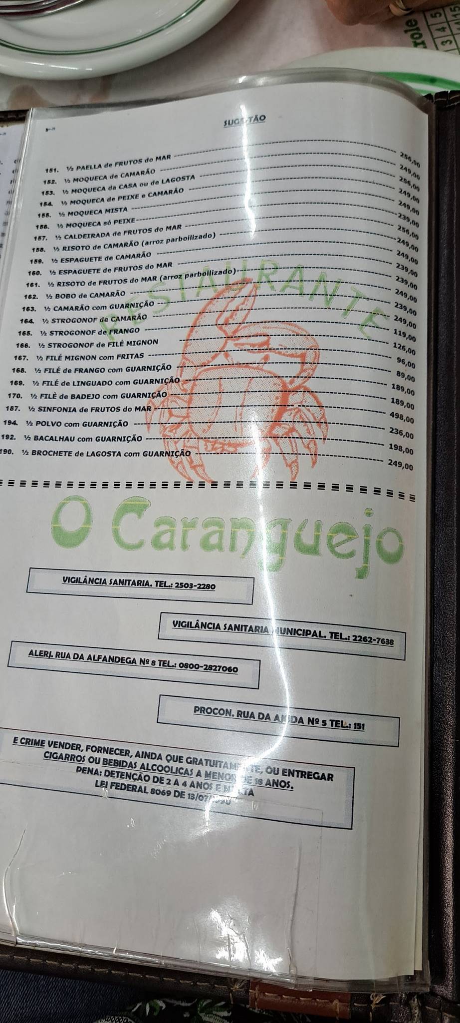 O Caranguejo cardápio