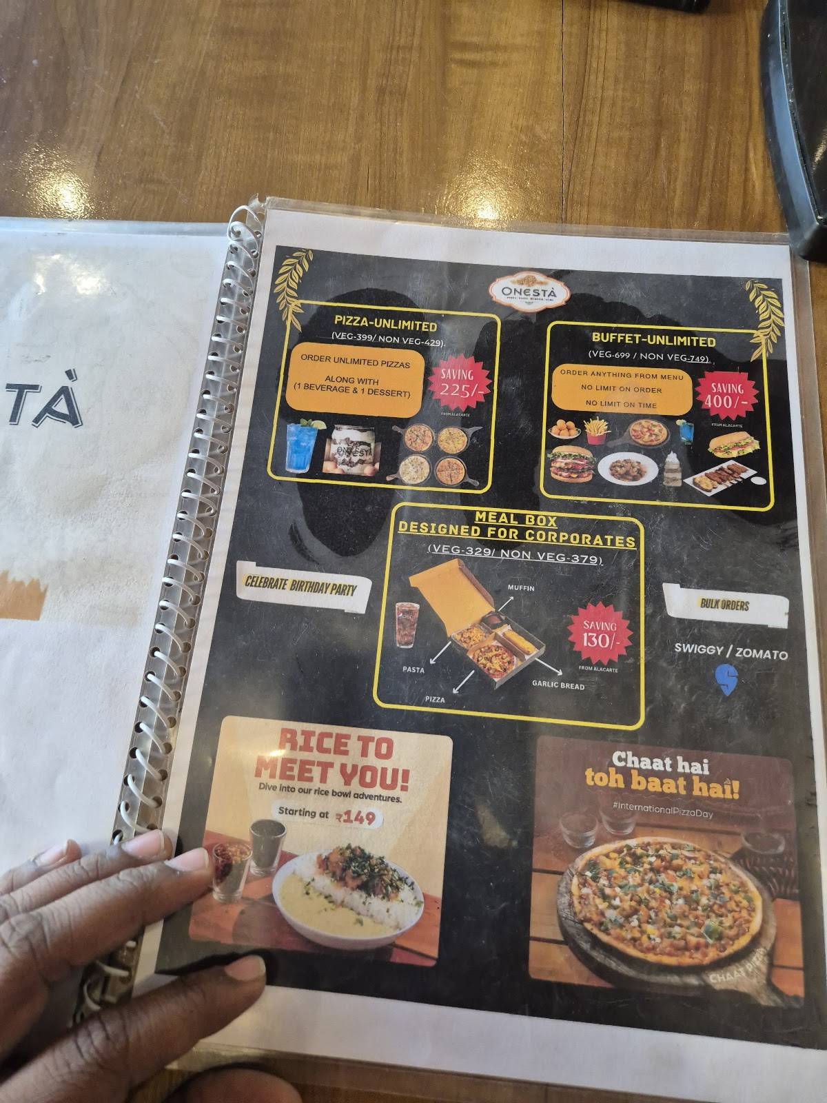 Onesta Viman Nagar, Pune menu