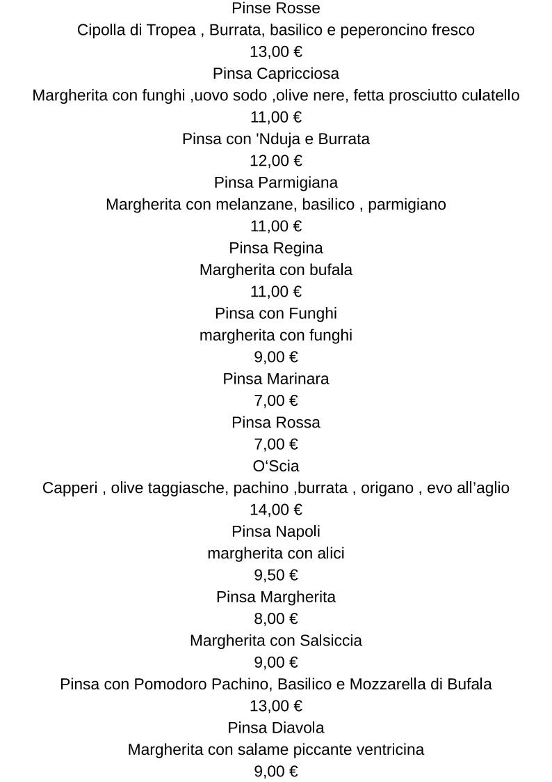 Menu di OVALE PINSERIA 