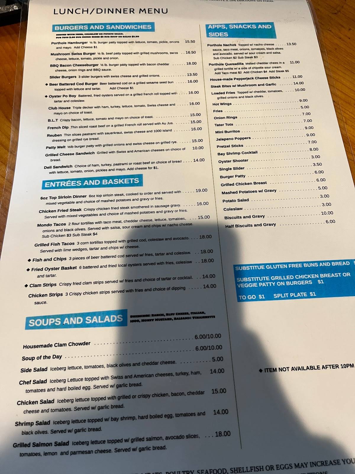 Menu at Porthole Pub Bar & Grill, Ocean Shores