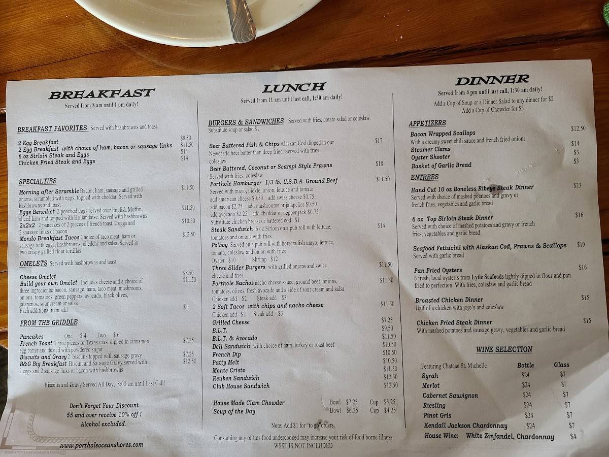 Menu at Porthole Pub Bar & Grill, Ocean Shores