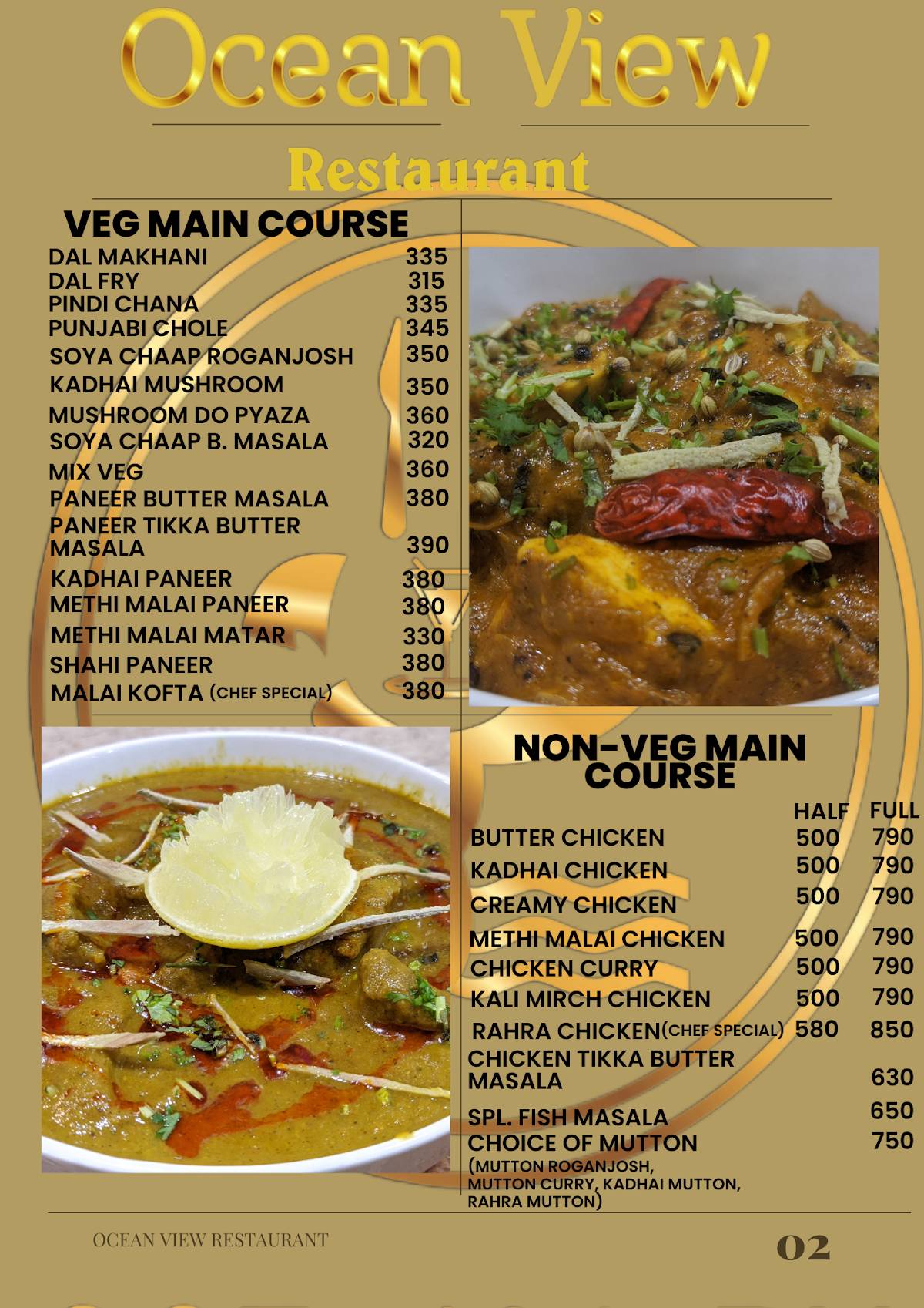 Ocean View Restaurant, Cafe and Party Hall- A Venture of J.P. Hospitality and Services menu