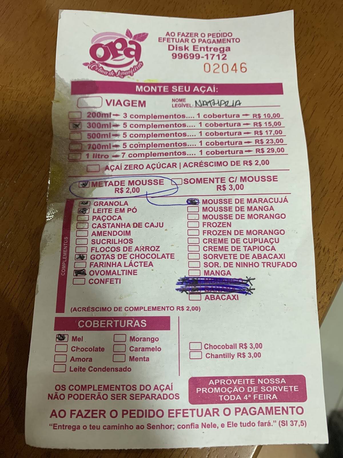 Opa Açaí e Sorvetes cardápio