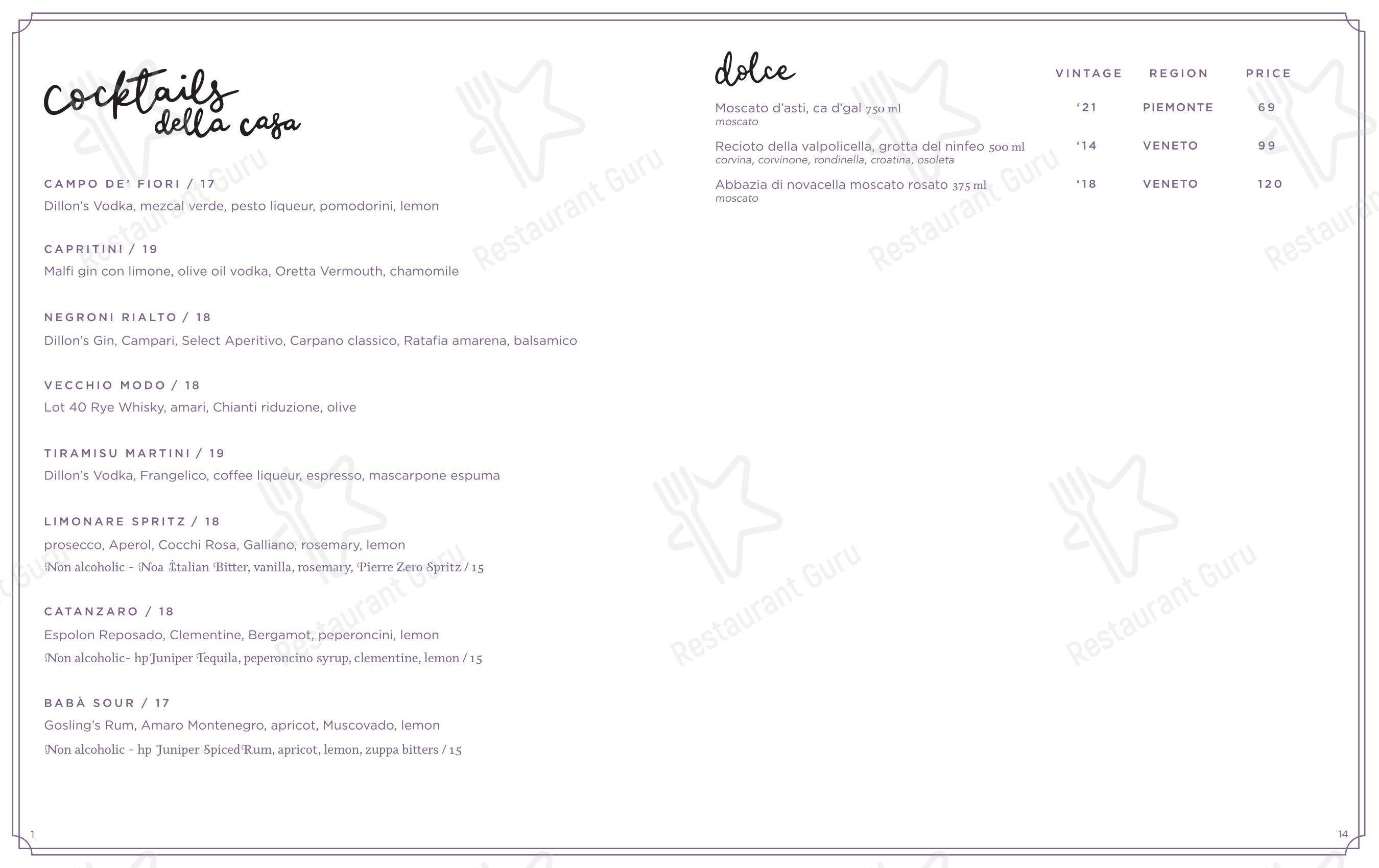 Menu pour Oretta King West - Основное меню