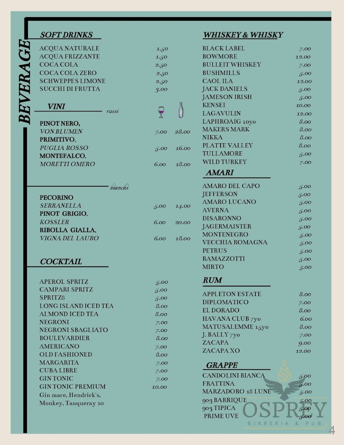 Menu di Osprey Bar Bistrot 
