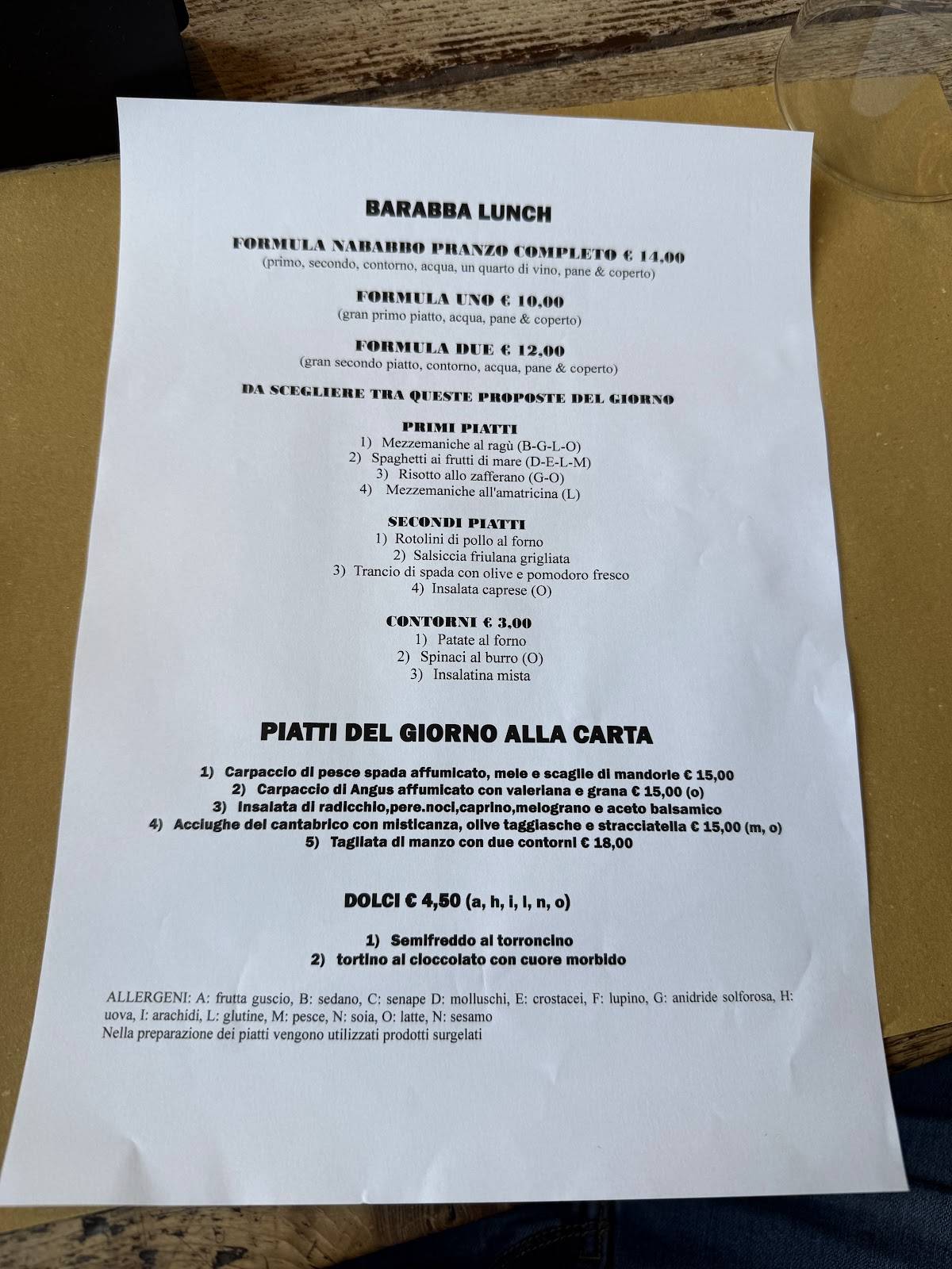 Menu di Osteria Barabba 