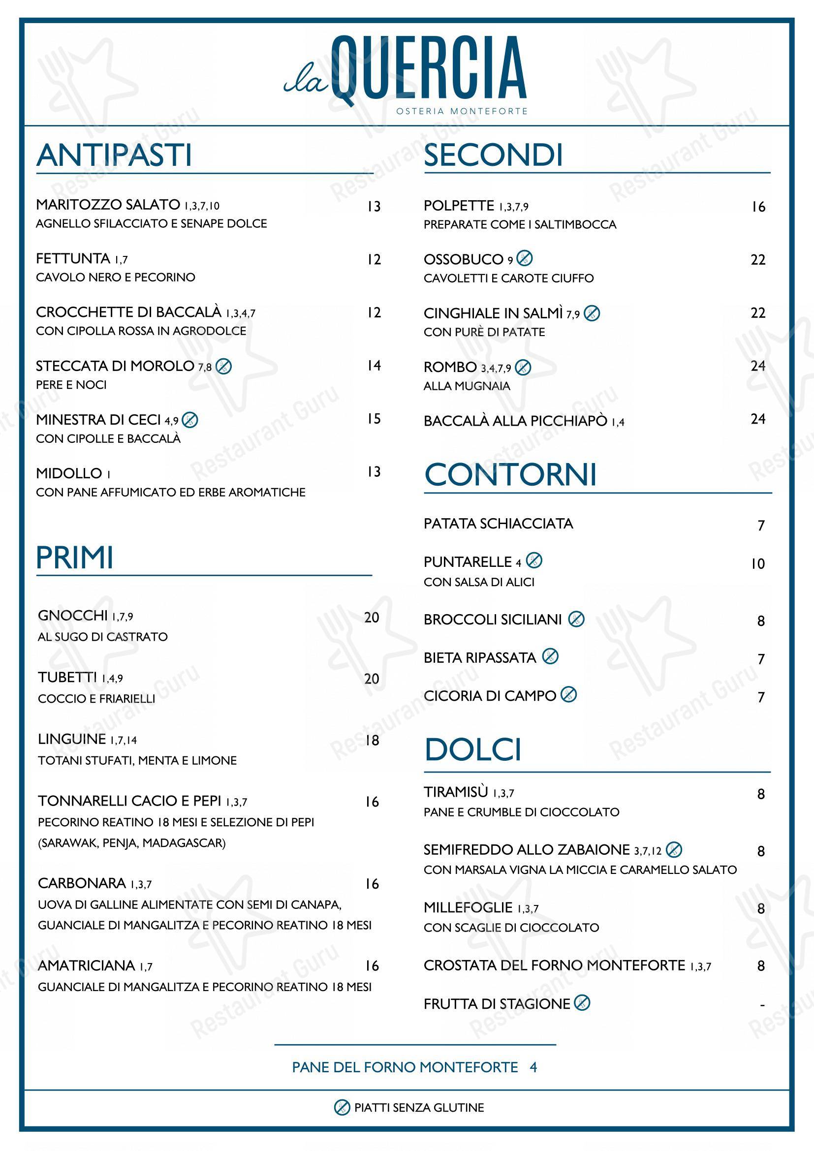 Osteria La Quercia in Roma - Menu