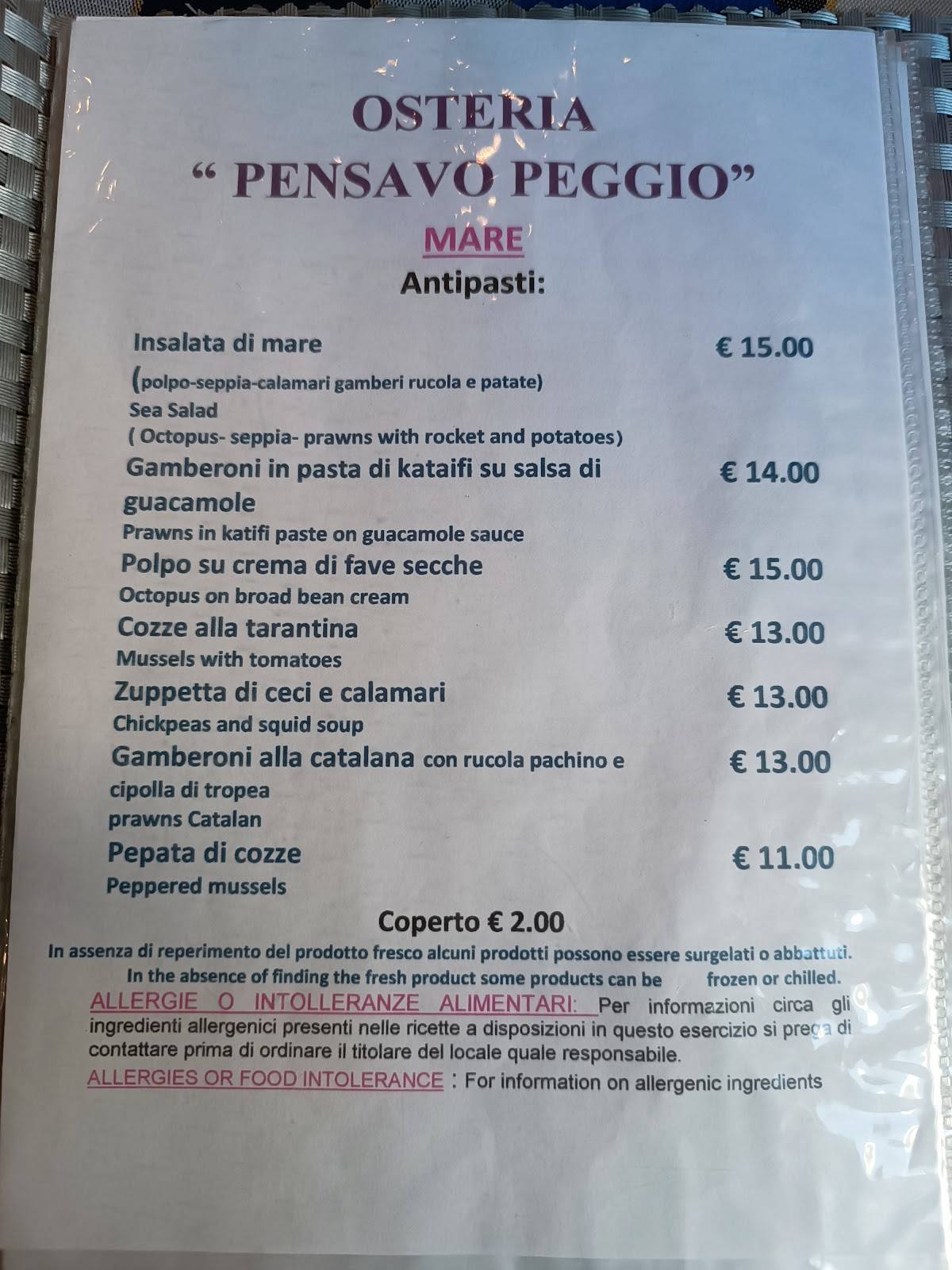 Menu di Osteria "Pensavo Peggio" 