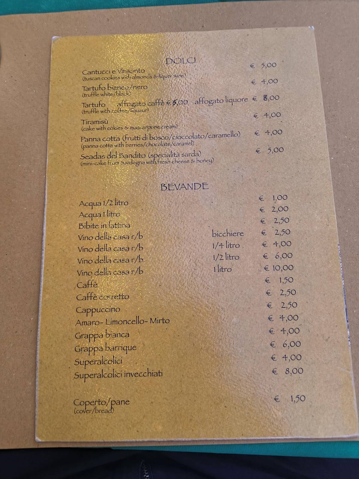 Menu di Osteria il bandito 