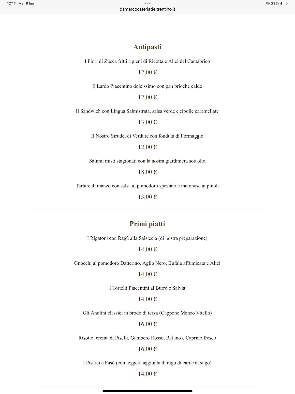 Menu di Osteria del Trentino 