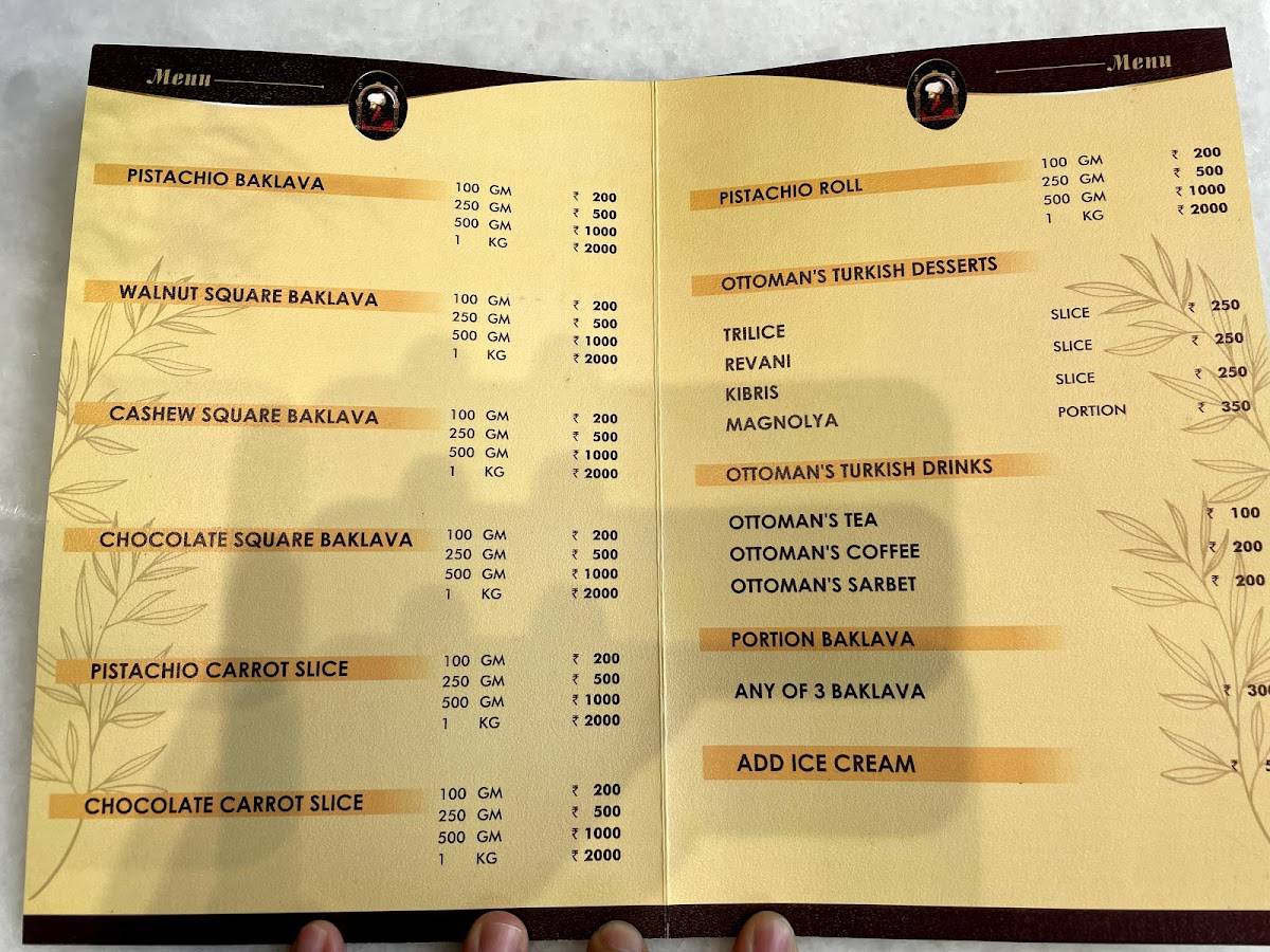 Menu at Ottoman’s Turkish Baklava & Künefe, Chennai