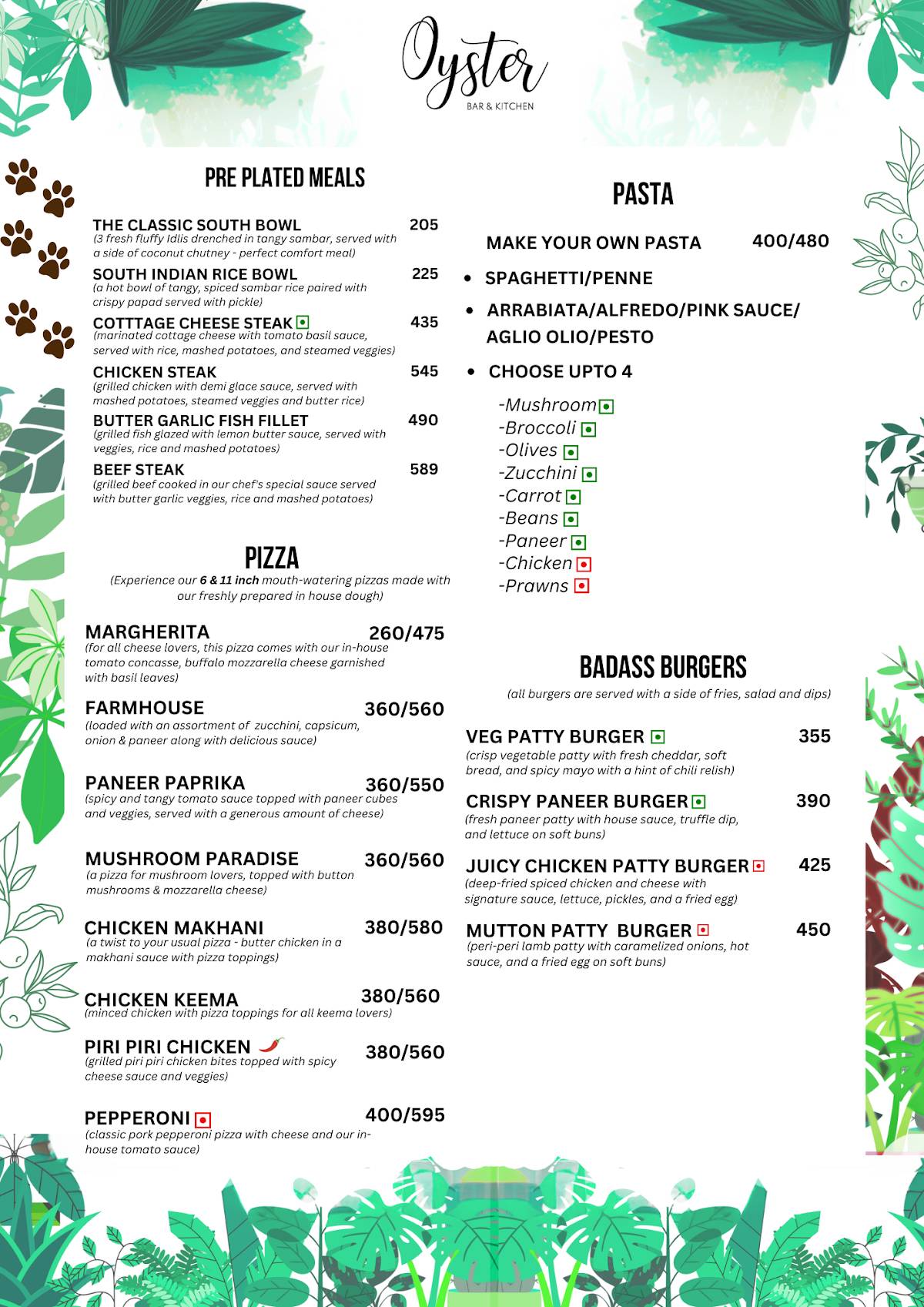 Oyster, Bar & Kitchen menu