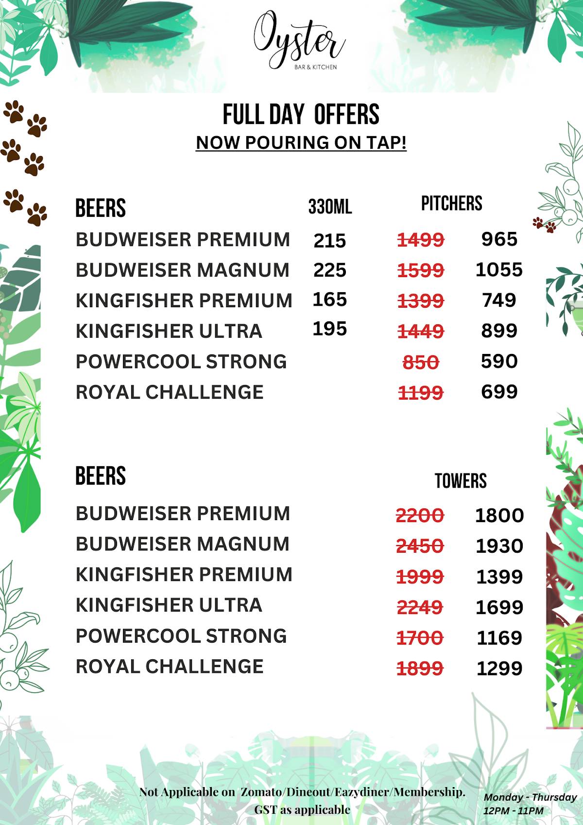 Oyster, Bar & Kitchen menu