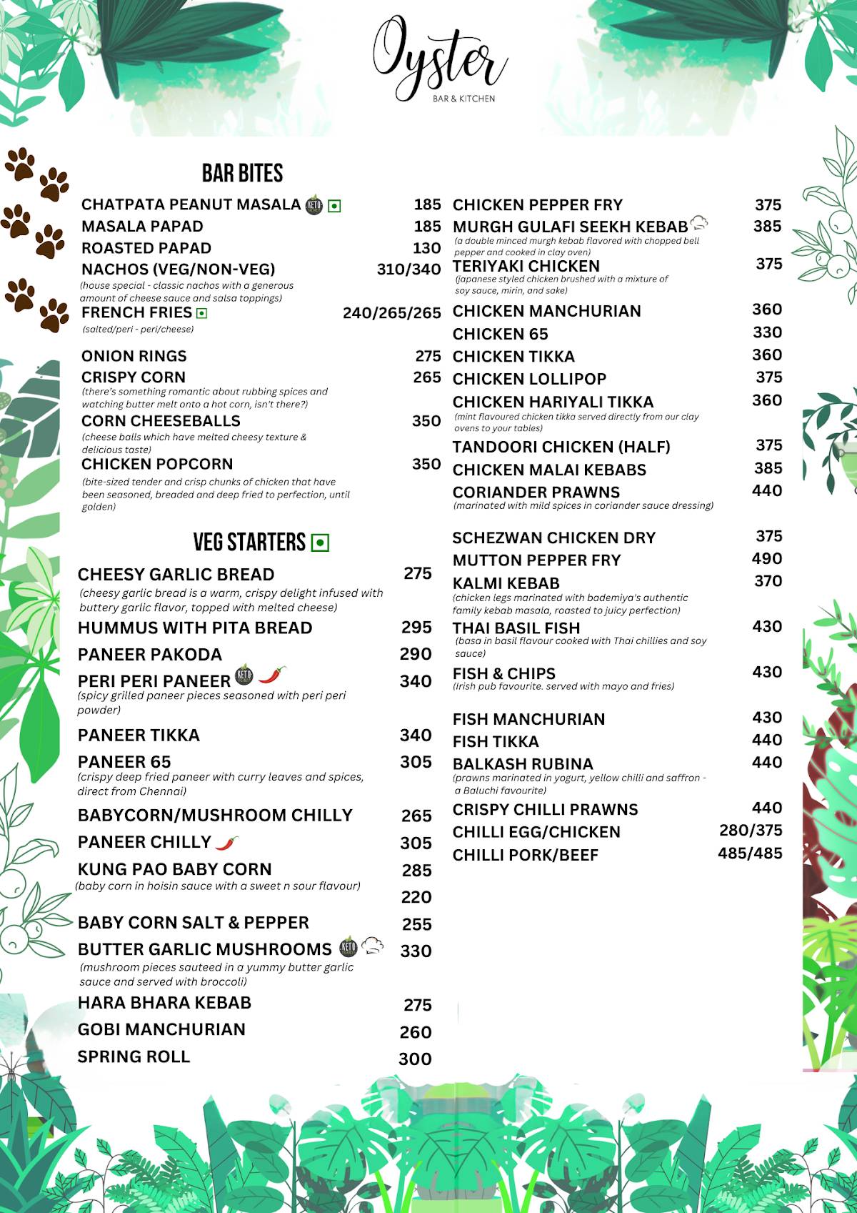 Oyster, Bar & Kitchen menu