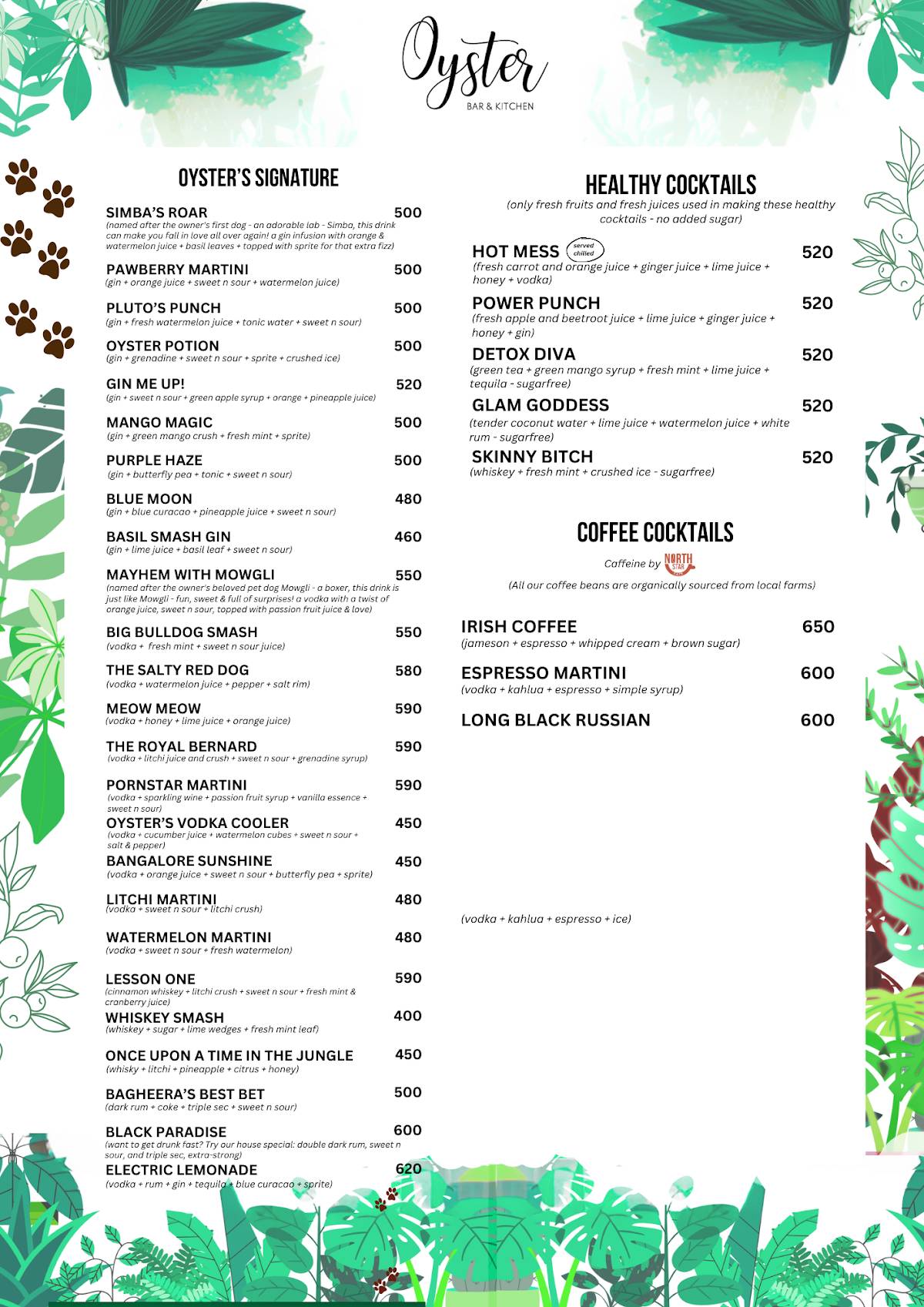 Oyster, Bar & Kitchen menu