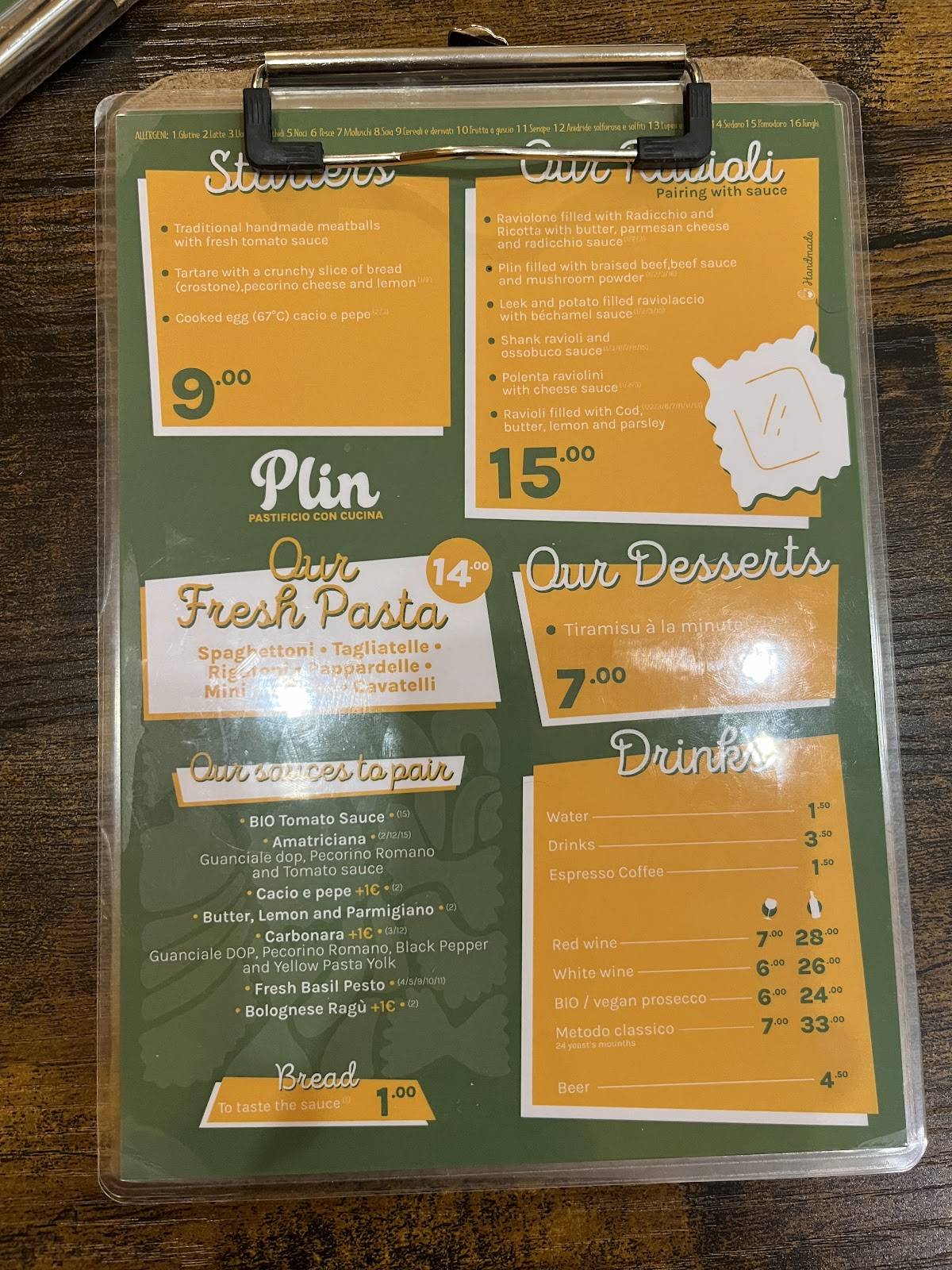 Menu di PLIN Pastificio con Cucina 